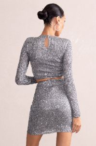 Aftermath | Pewter Silver Sequin Crop Top sold by Club L London