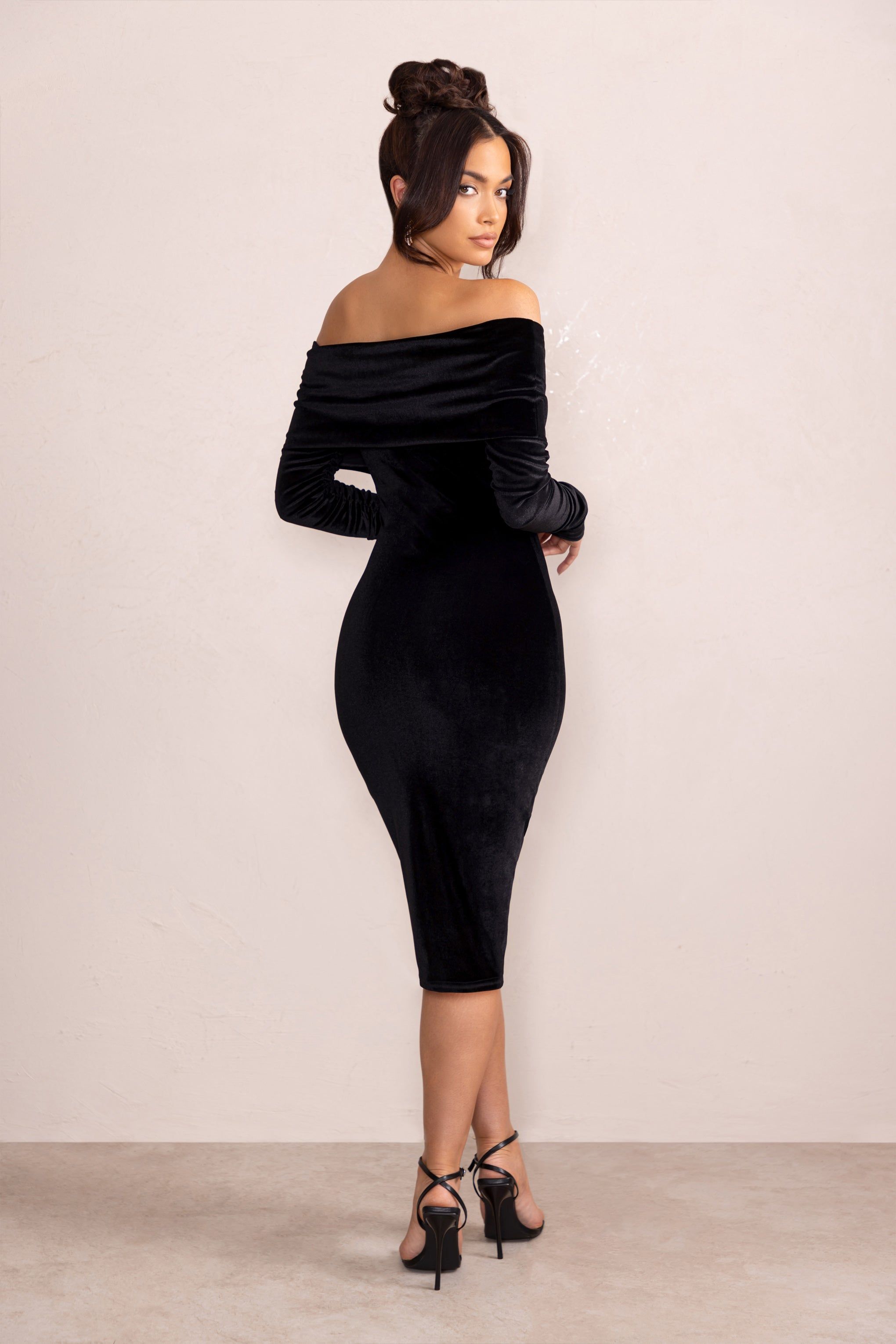 Flatter Me | Black Velvet Twist Front Bardot Midi Dress sold by Club L London product image thumbnail 2