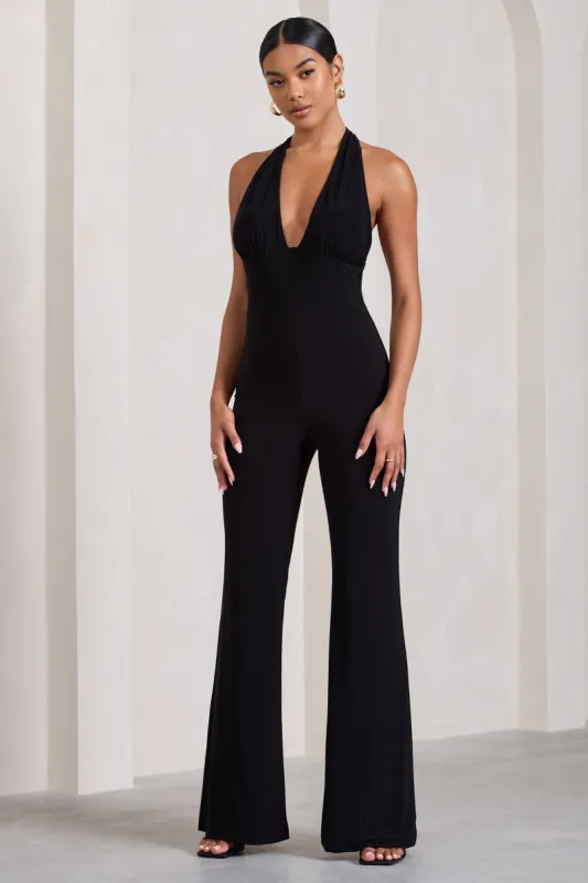 Lexie | Black Halter-Neck Sleeveless Flared-Leg Jumpsuit sold by Club L London
