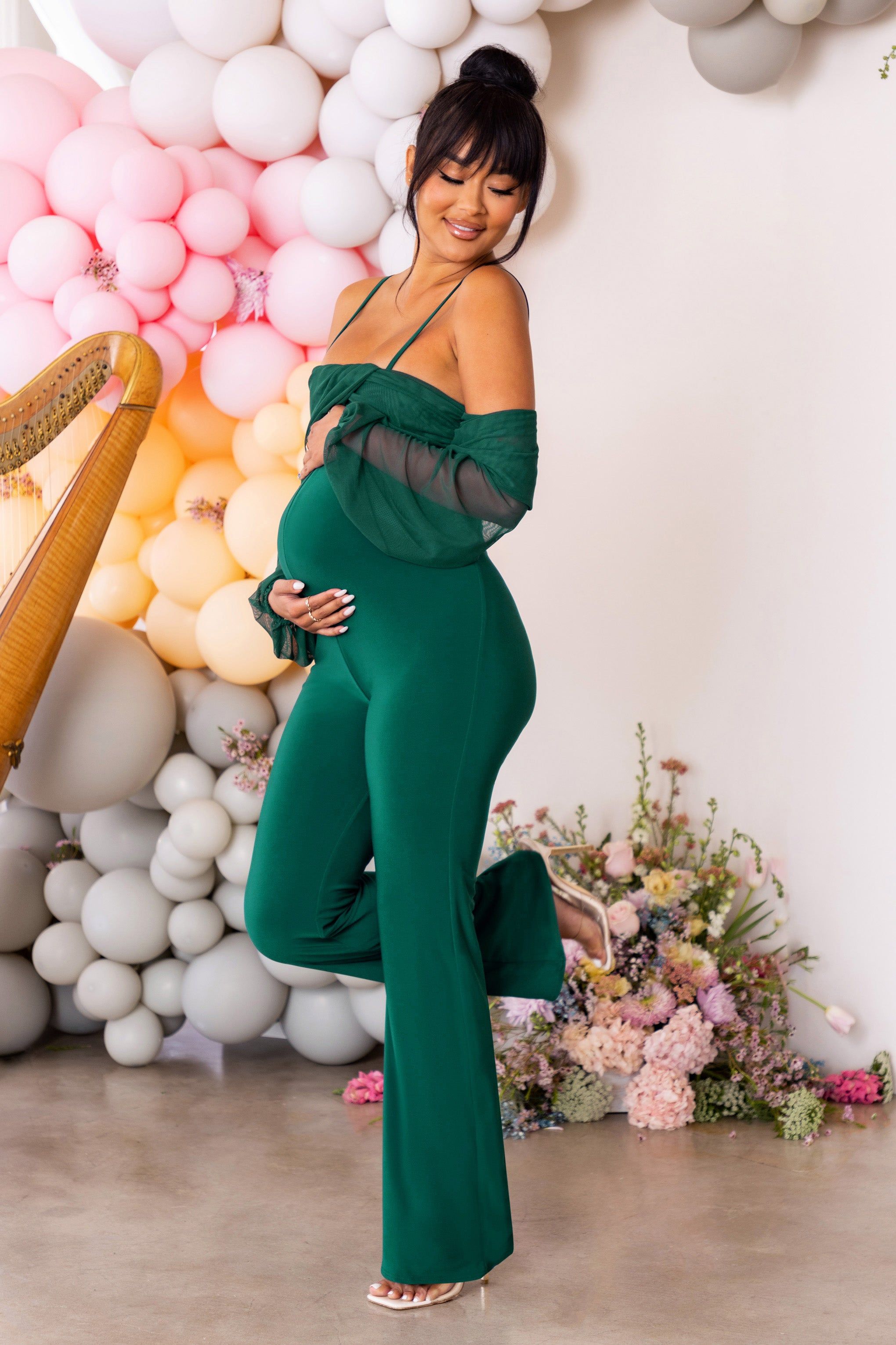 Baby Baby | Bottle Green Maternity Ruched Bardot Jumpsuit sold by Club L London