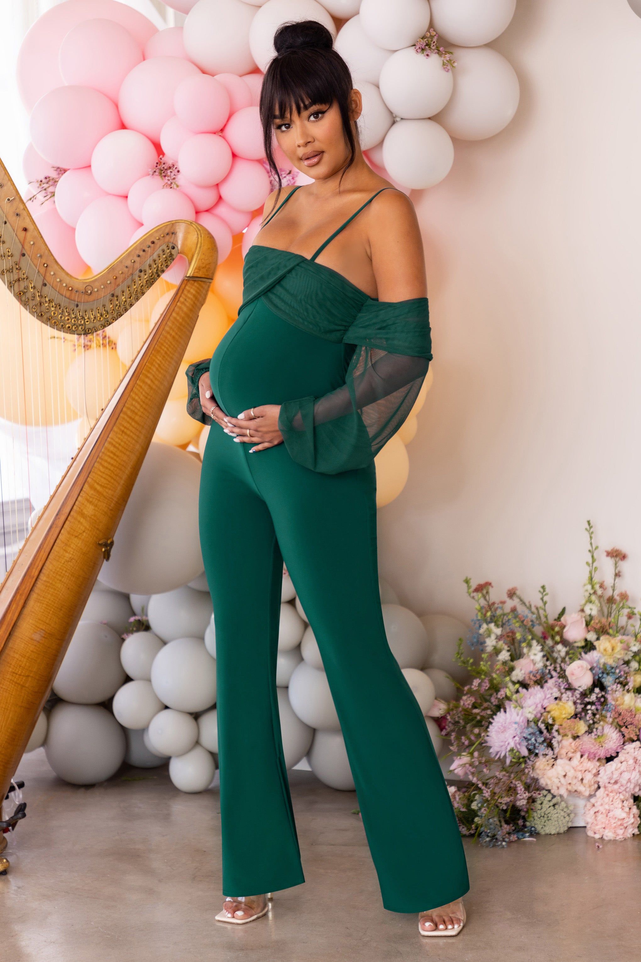 Baby Baby | Bottle Green Maternity Ruched Bardot Jumpsuit sold by Club L London product image thumbnail 4