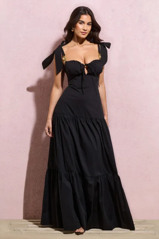 Dearest | Black Cotton Corset Tiered Maxi Dress sold by Club L London
