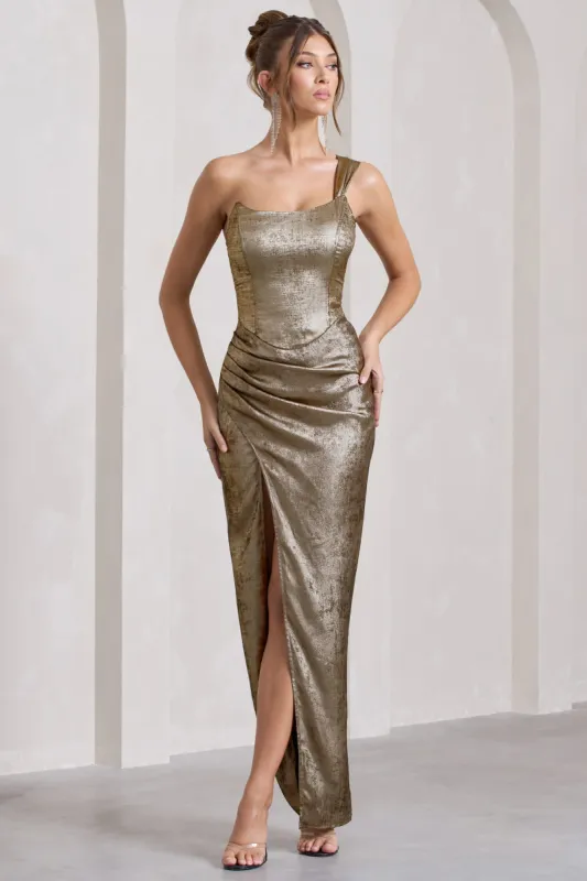 Mercy | Gold Metallic One-Shoulder Corseted Wrap Maxi Dress made by Club L London