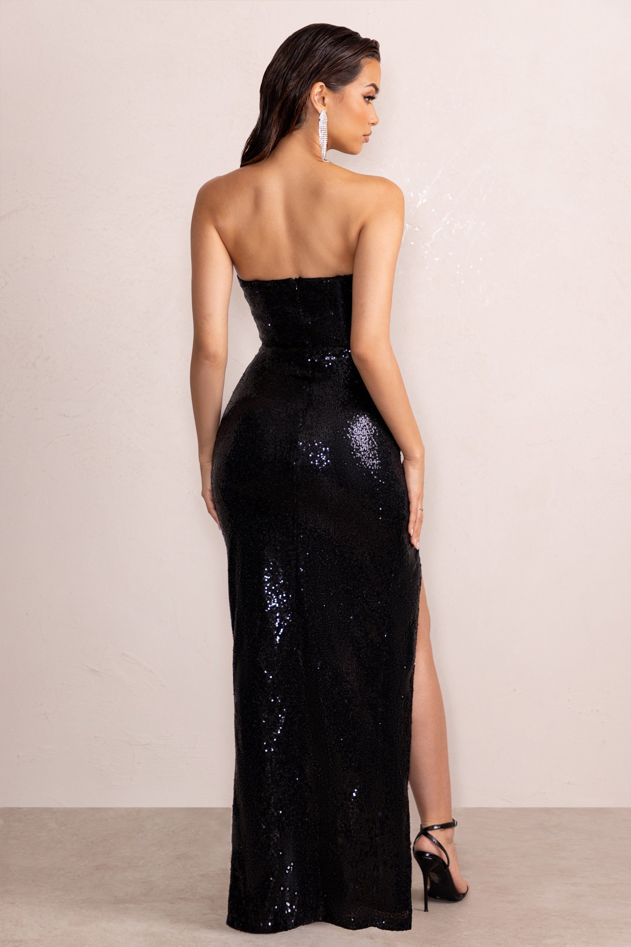 Eloriana | Black Sequin Bandeau Wrap Skirt Maxi Dress With Side Split sold by Club L London product image thumbnail 2