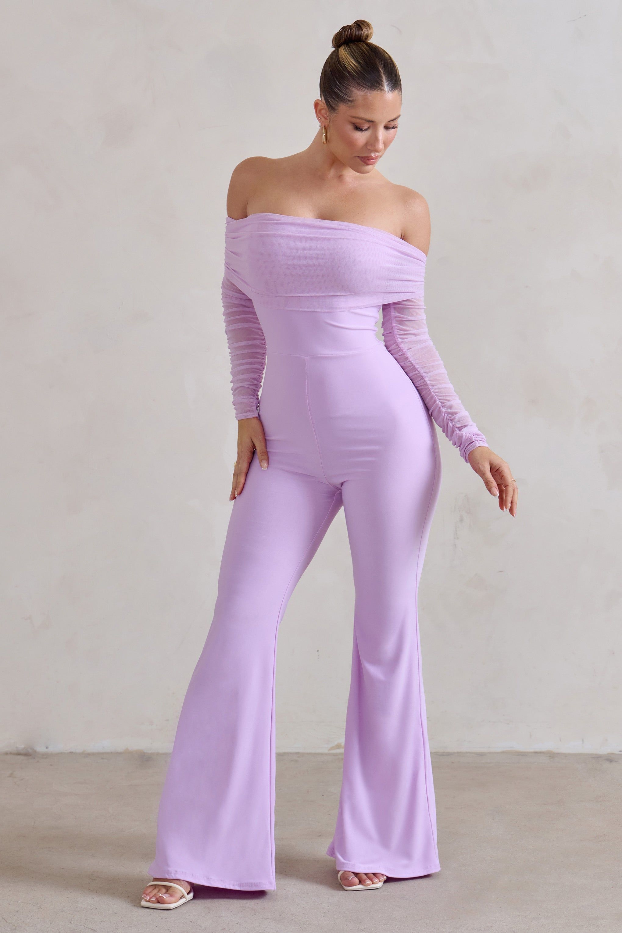 Whisper | Lilac Ruched Mesh Bardot Jumpsuit sold by Club L London product image thumbnail 5