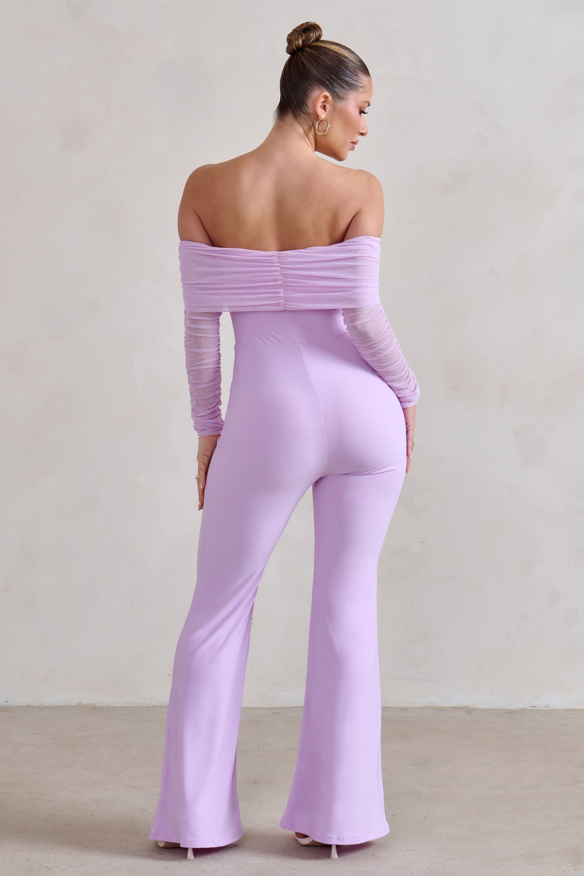 Whisper | Lilac Ruched Mesh Bardot Jumpsuit sold by Club L London product image thumbnail 2