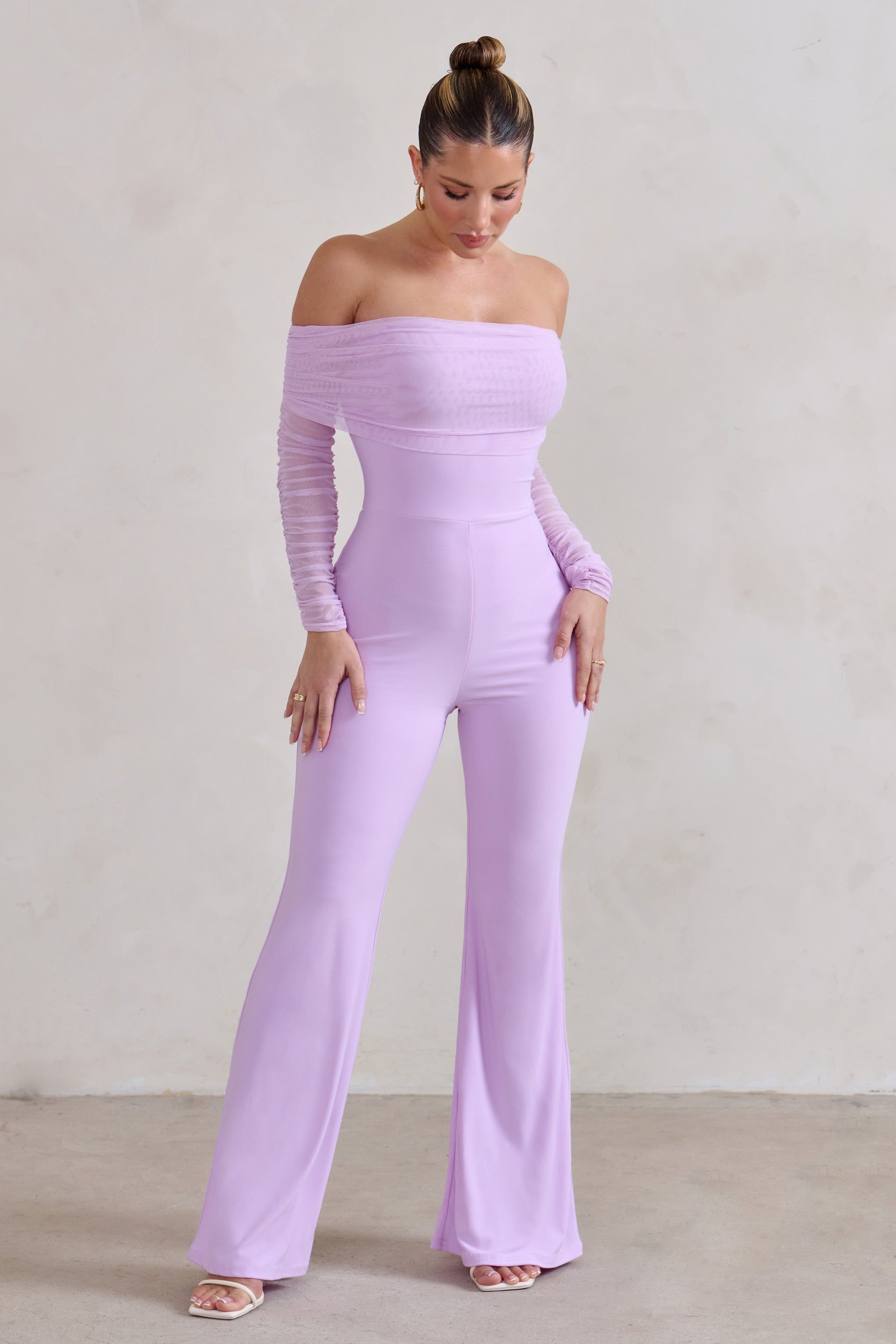 Whisper | Lilac Ruched Mesh Bardot Jumpsuit sold by Club L London product image thumbnail 4