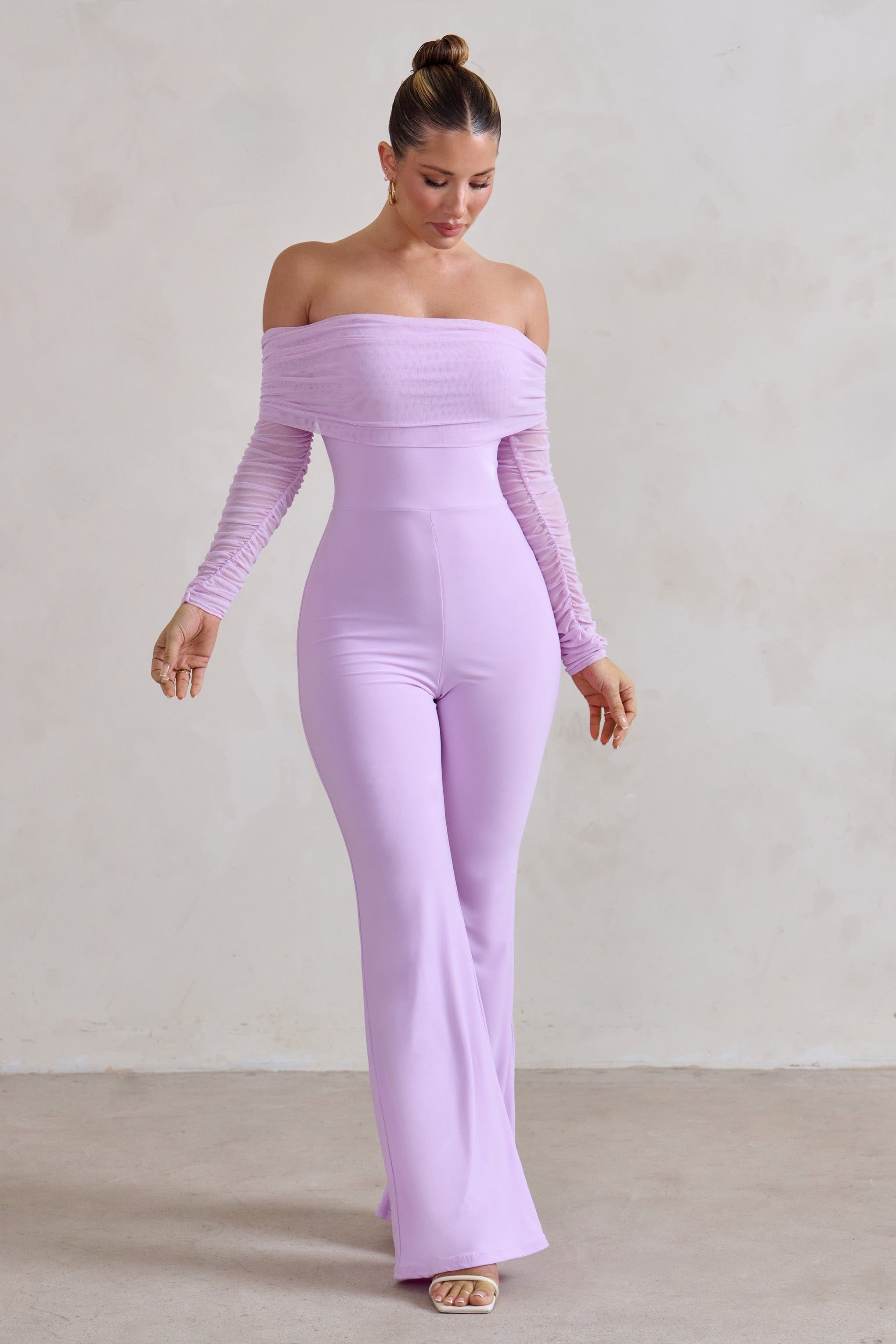 Whisper | Lilac Ruched Mesh Bardot Jumpsuit sold by Club L London