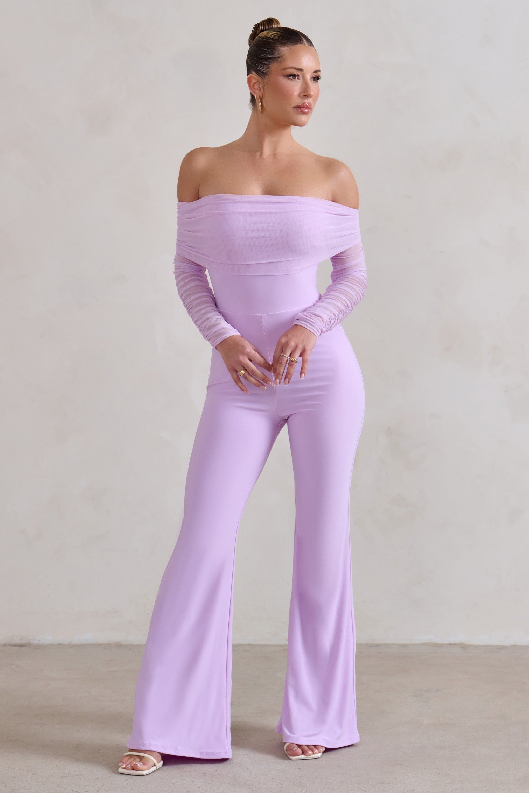 Whisper | Lilac Ruched Mesh Bardot Jumpsuit sold by Club L London product image thumbnail 6