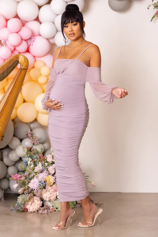 Announcement | Taupe Maternity Bardot Ruched Maxi Dress sold by Club L London