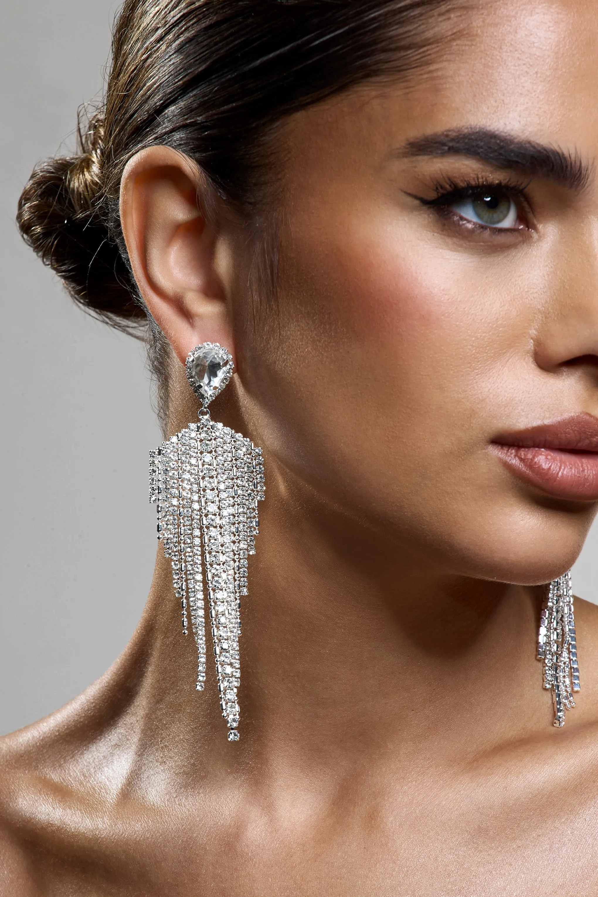 Light Year | Silver Diamante Tassel Drop Earrings sold by Club L London product image thumbnail 4