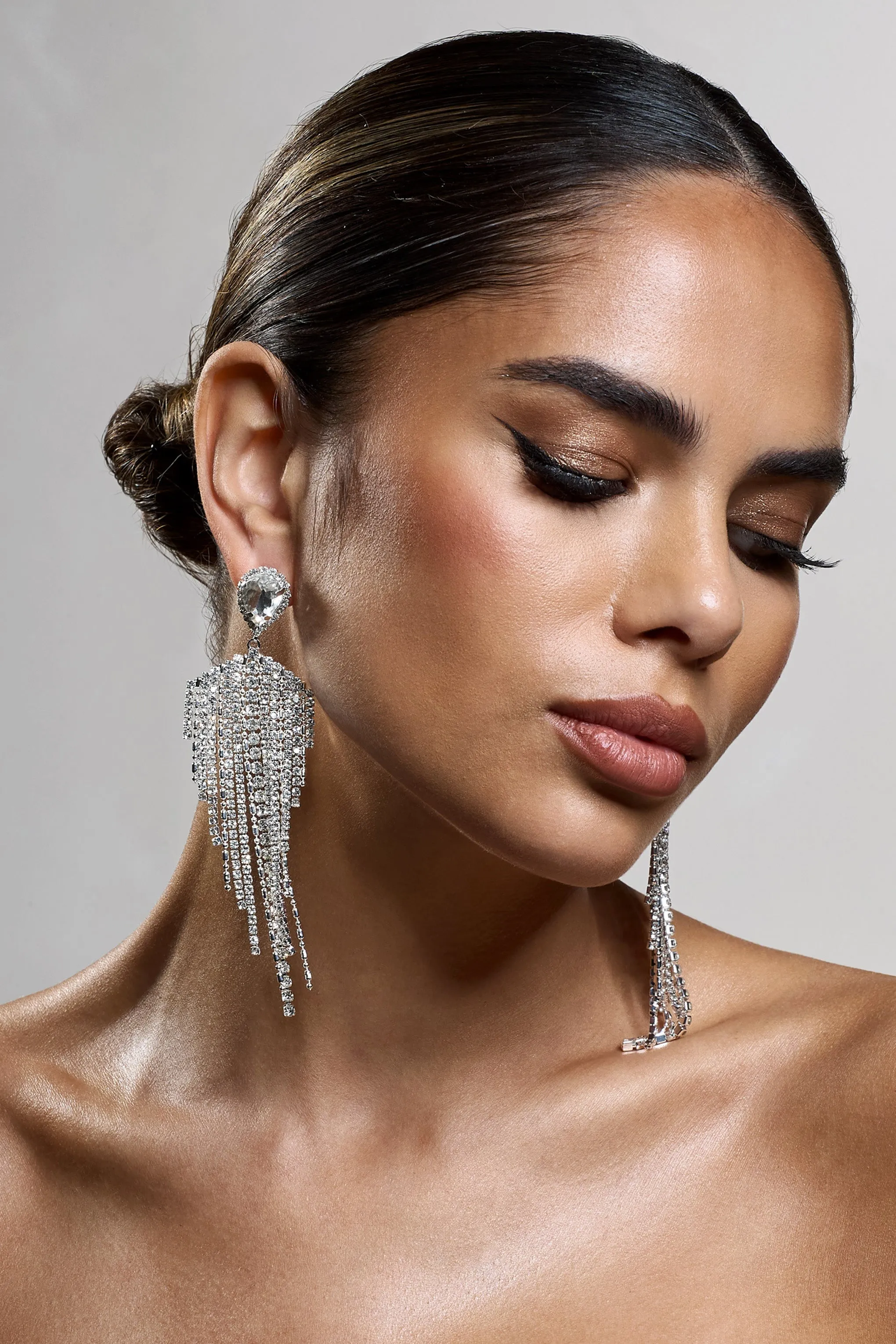 Light Year | Silver Diamante Tassel Drop Earrings sold by Club L London product image thumbnail 3