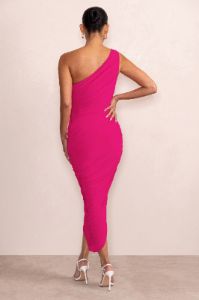 Late Night | Hot Pink Maternity Ruched One Shoulder Midi Dress sold by Club L London