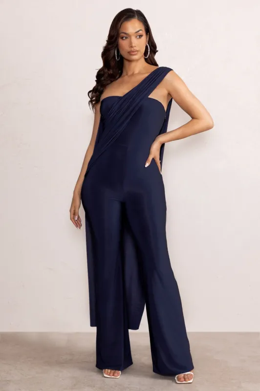 Kendra | Navy Asymmetric Bandeau Jumpsuit with Drape sold by Club L London