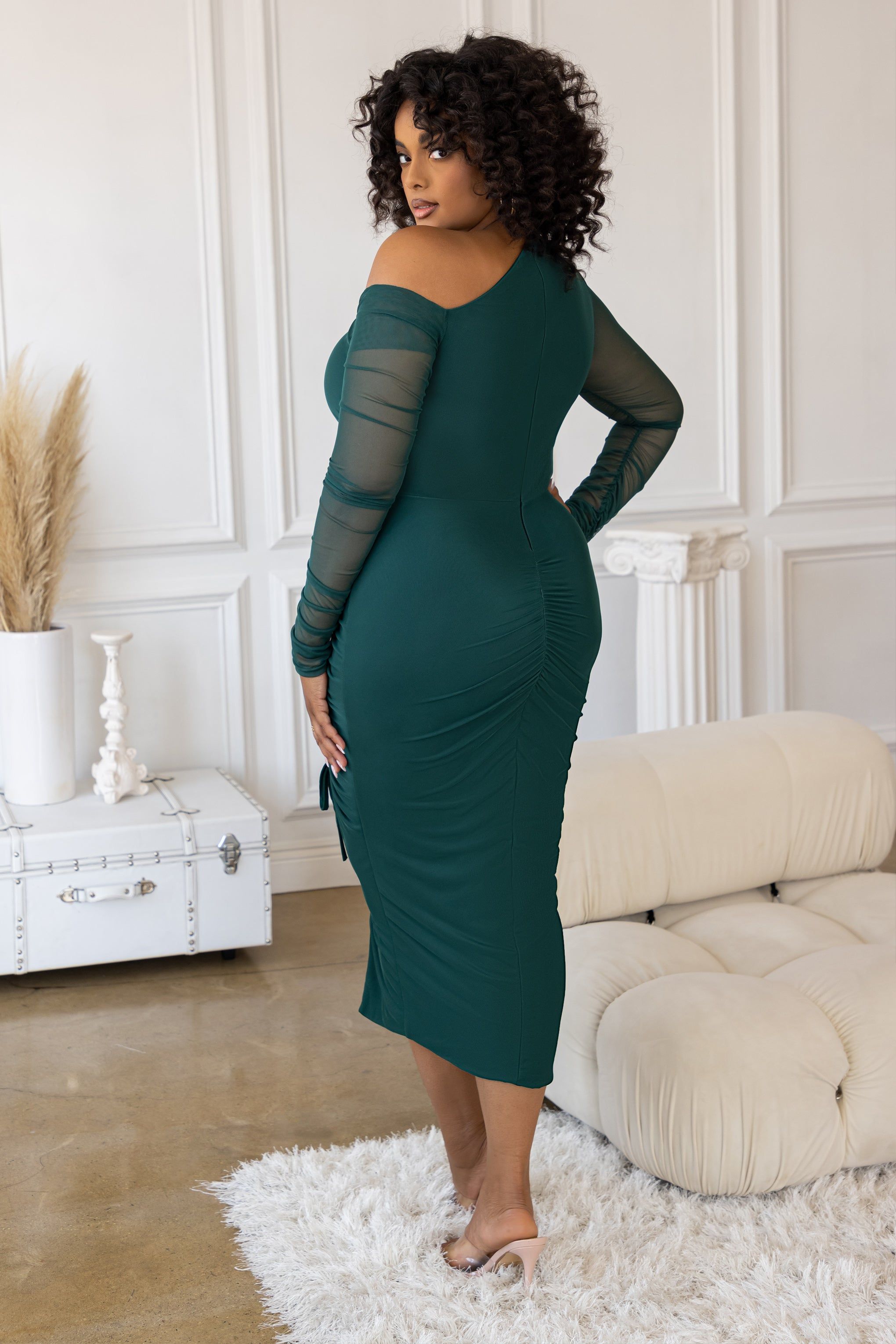 Temptation | Plus Green Ruched Mesh Long Sleeve Midi Dress sold by Club L London product image thumbnail 2