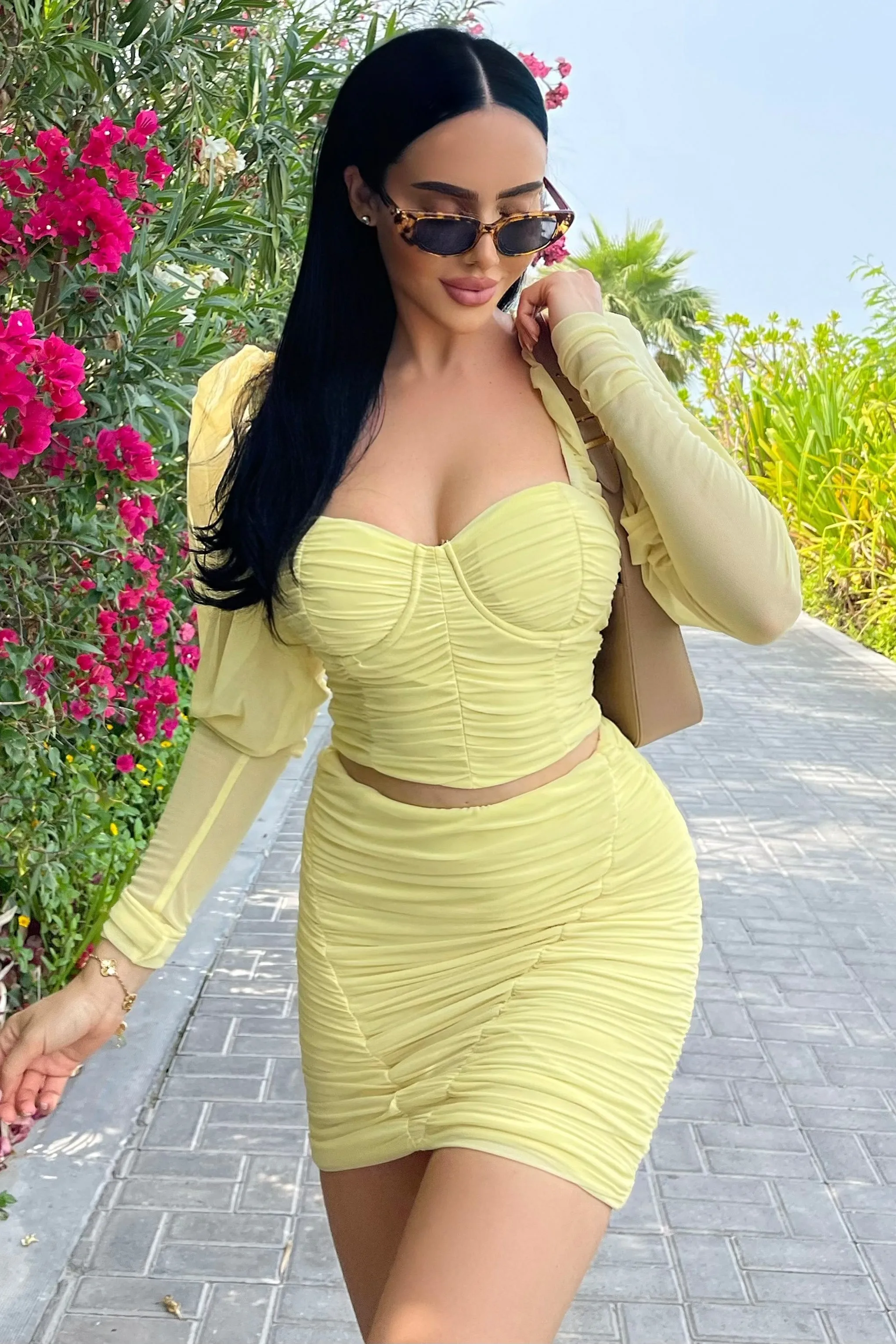 Butterfly | Yellow Puff Sleeve Ruched Crop Top sold by Club L London