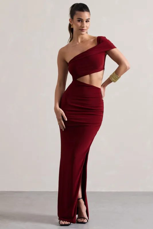 Milos | Berry One-Shoulder Cut-Out Maxi Dress With Split sold by Club L London
