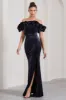 Esmeralda | Navy Velvet Structured Ruffled Bardot Maxi Dress sold by Club L London