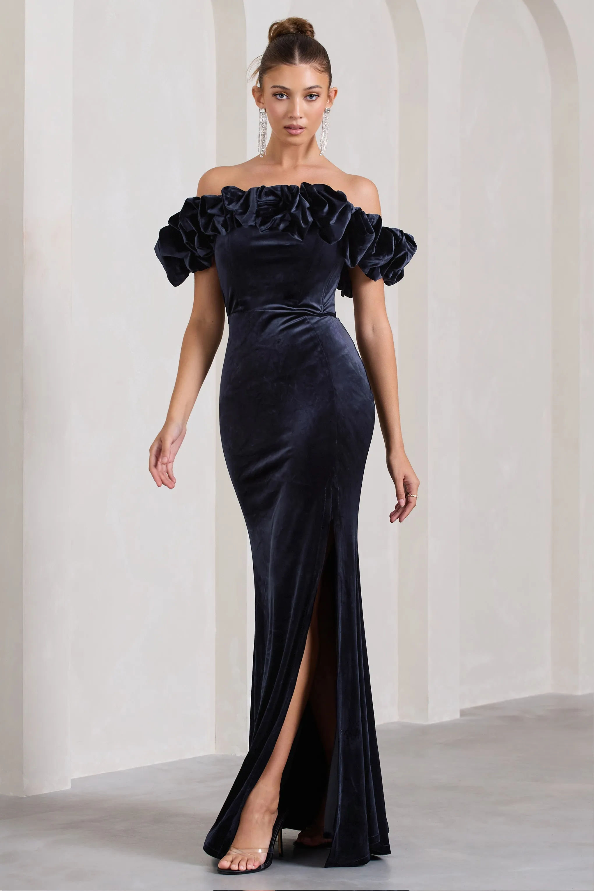 Esmeralda | Navy Velvet Structured Ruffled Bardot Maxi Dress sold by Club L London product image thumbnail 5