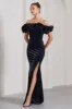Esmeralda | Navy Velvet Structured Ruffled Bardot Maxi Dress sold by Club L London