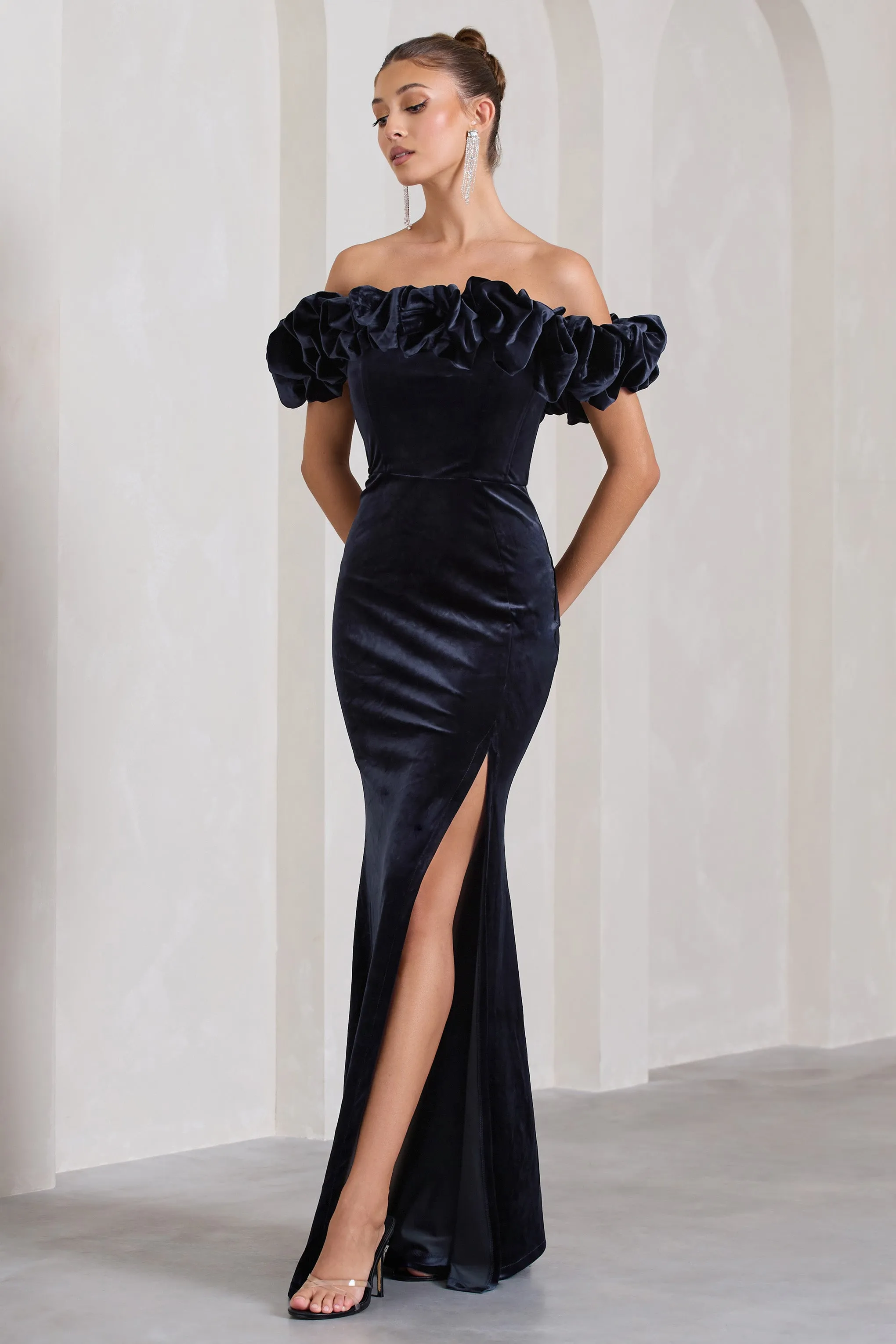 Esmeralda | Navy Velvet Structured Ruffled Bardot Maxi Dress sold by Club L London product image thumbnail 4