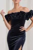 Esmeralda | Navy Velvet Structured Ruffled Bardot Maxi Dress sold by Club L London
