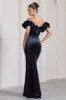 Esmeralda | Navy Velvet Structured Ruffled Bardot Maxi Dress sold by Club L London