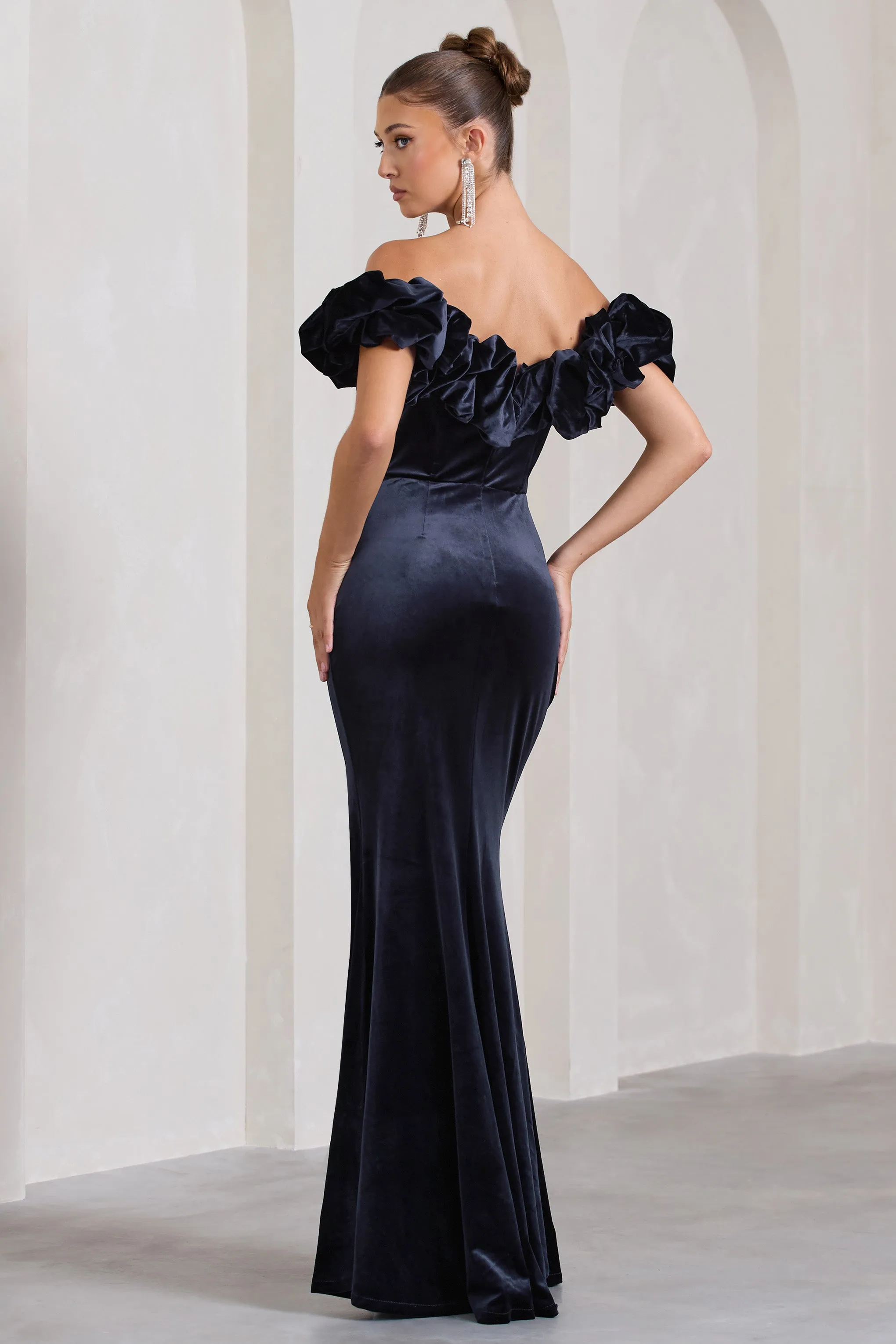 Esmeralda | Navy Velvet Structured Ruffled Bardot Maxi Dress sold by Club L London product image thumbnail 2