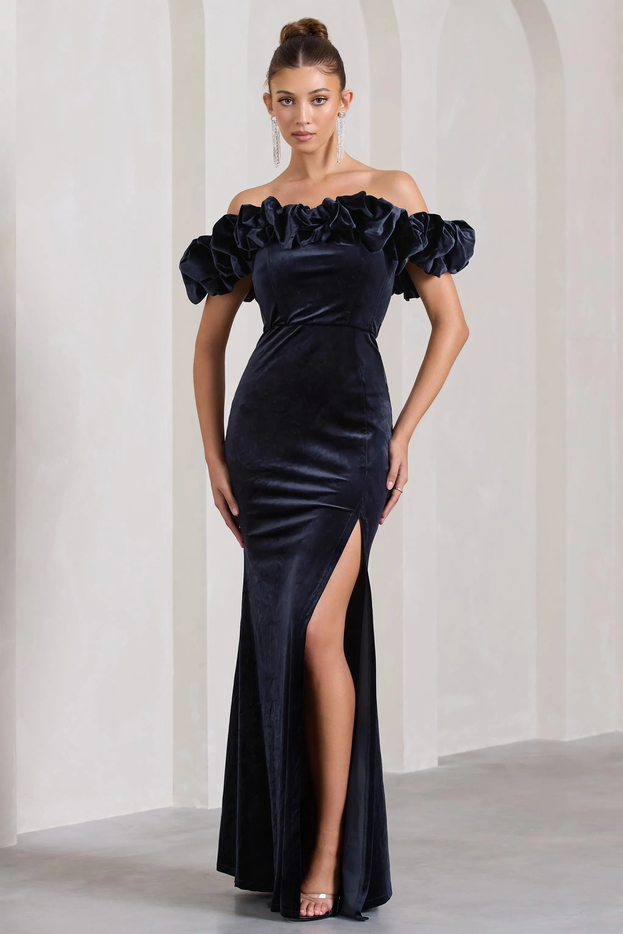 Esmeralda | Navy Velvet Structured Ruffled Bardot Maxi Dress sold by Club L London