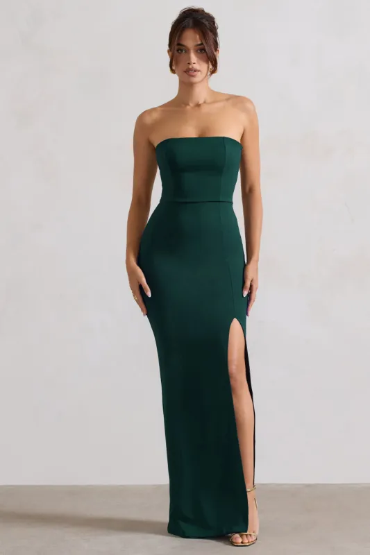 Belle of The Ball | Bottle Green Bandeau Maxi Dress With Split Hem sold by Club L London