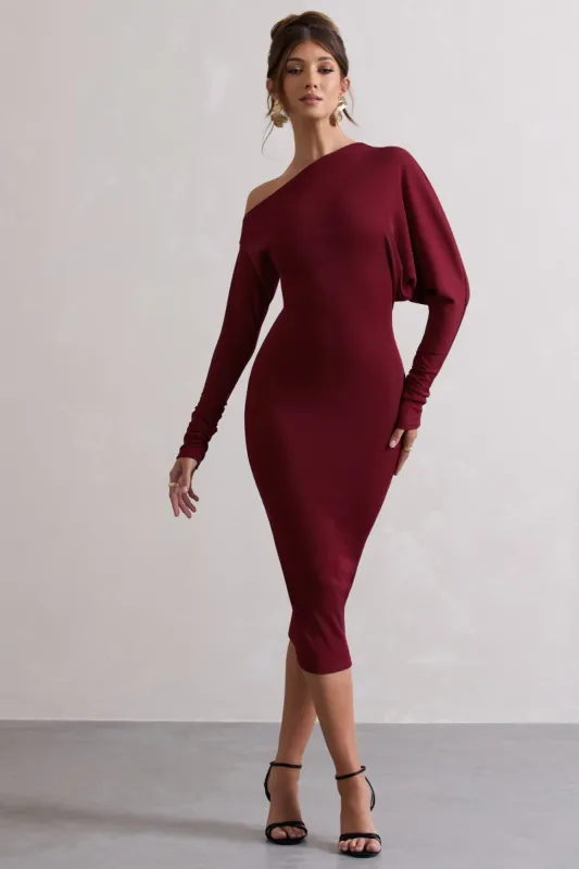 Thora | Berry Rib Knit One-Shoulder Midi Dress sold by Club L London