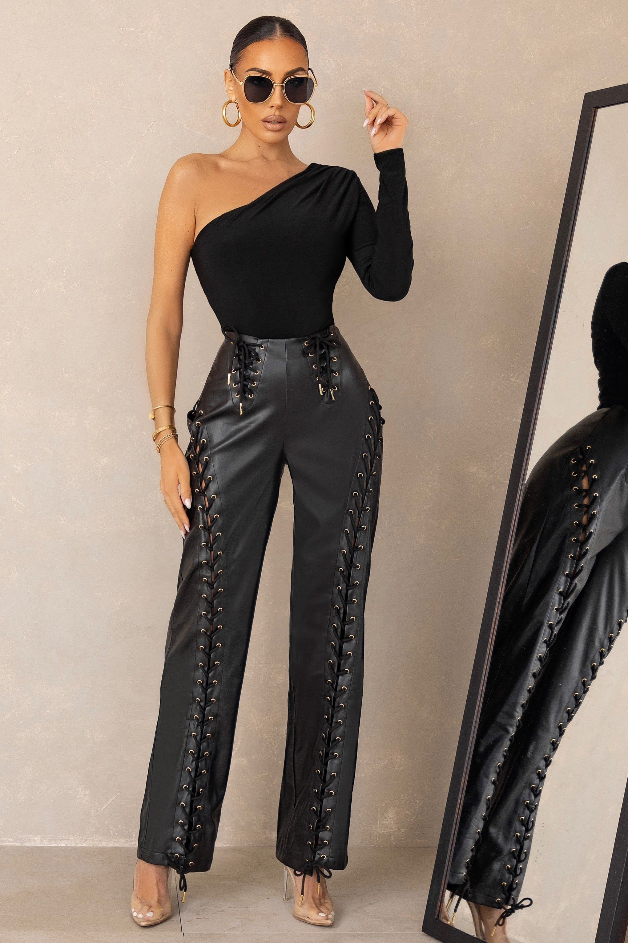 Worthy | Black Lace-Up Detail Faux Leather Trousers sold by Club L London product image thumbnail 3