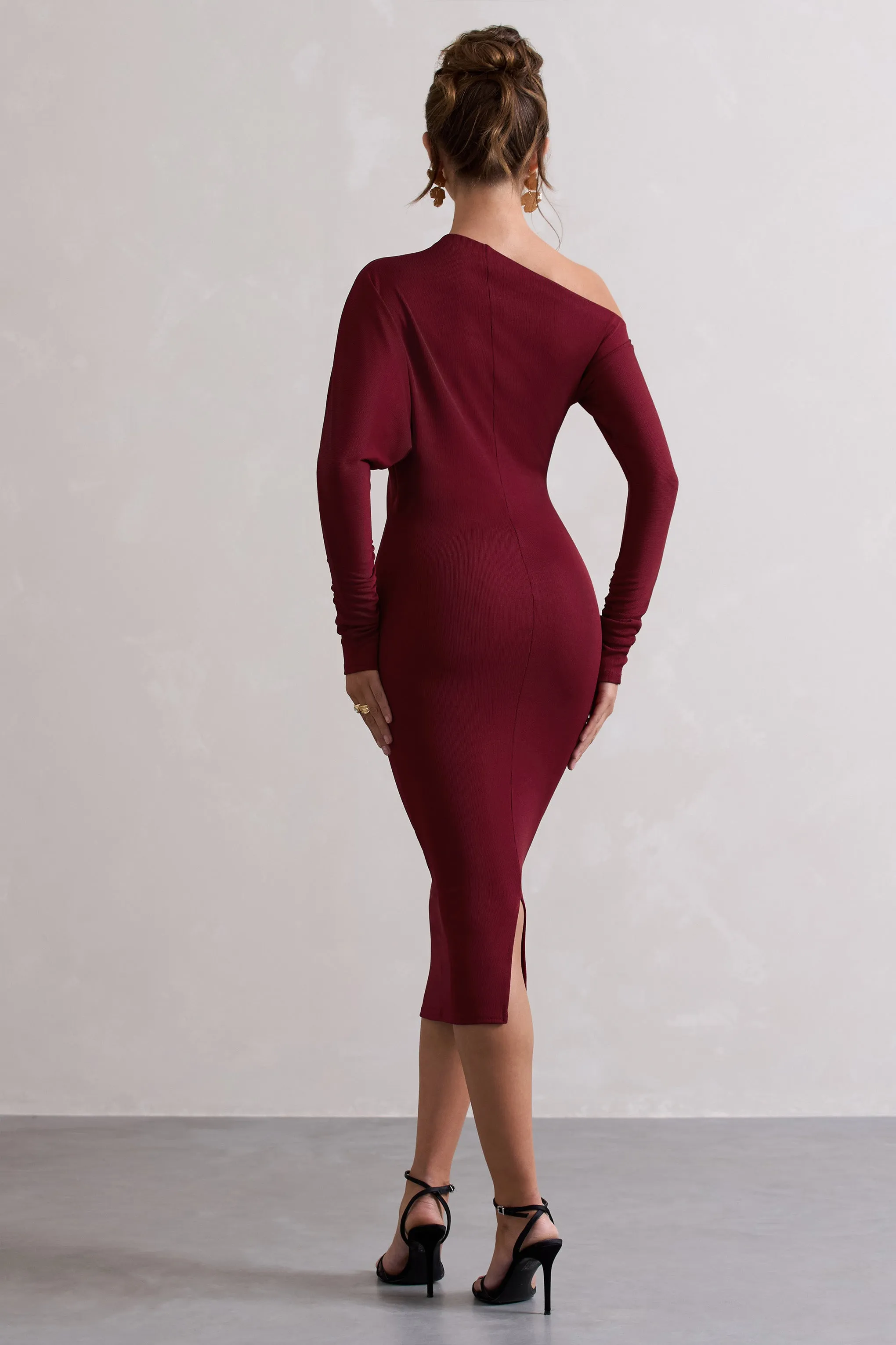 Thora | Berry Rib Knit One-Shoulder Midi Dress sold by Club L London product image thumbnail 2
