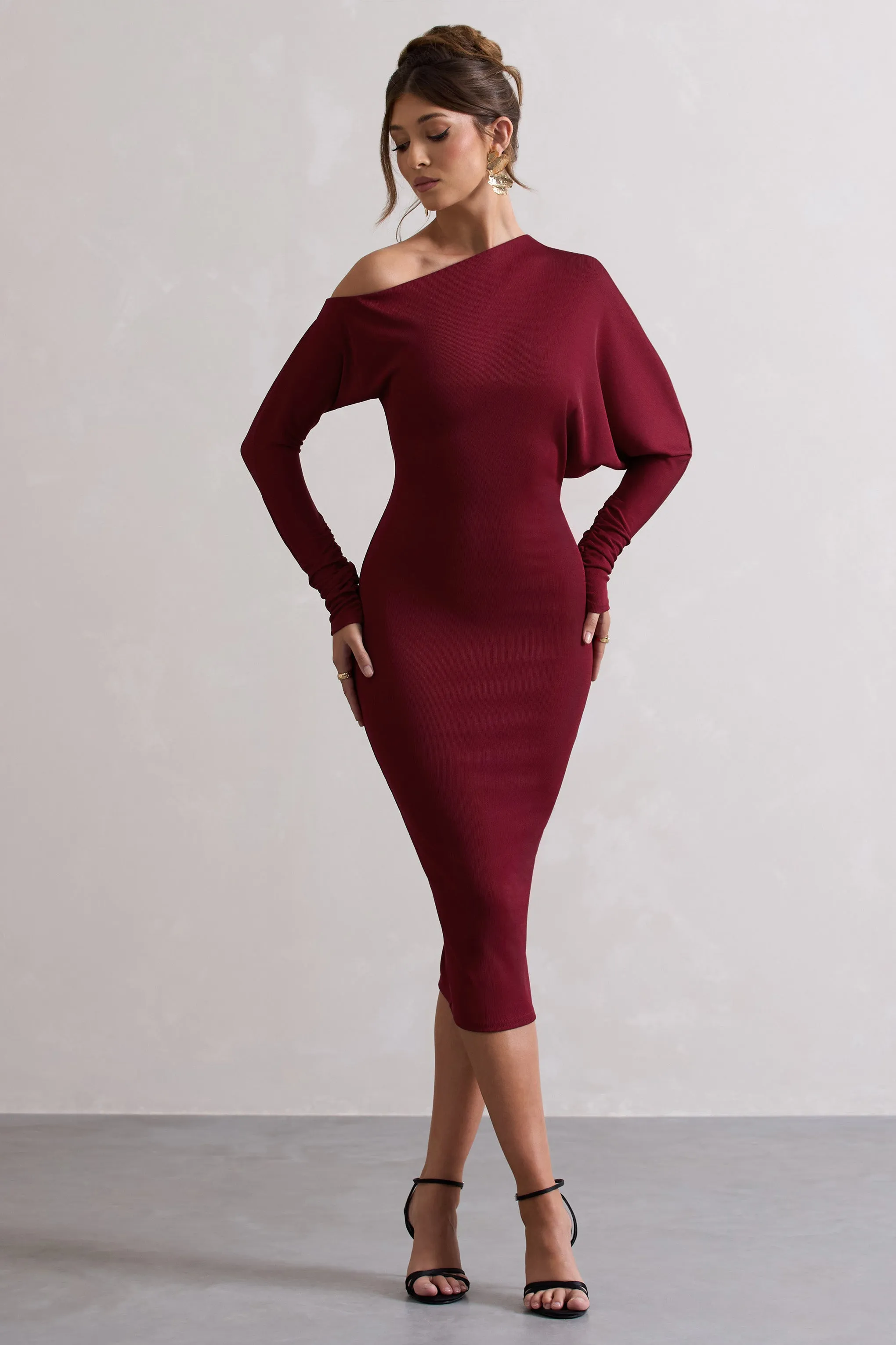 Thora | Berry Rib Knit One-Shoulder Midi Dress sold by Club L London product image thumbnail 5