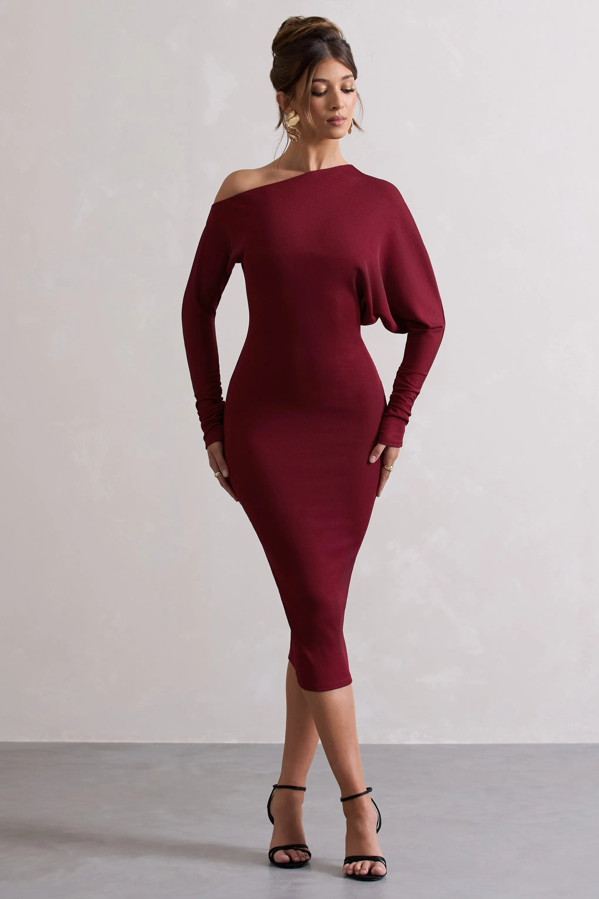 Thora | Berry Rib Knit One-Shoulder Midi Dress sold by Club L London product image thumbnail 4