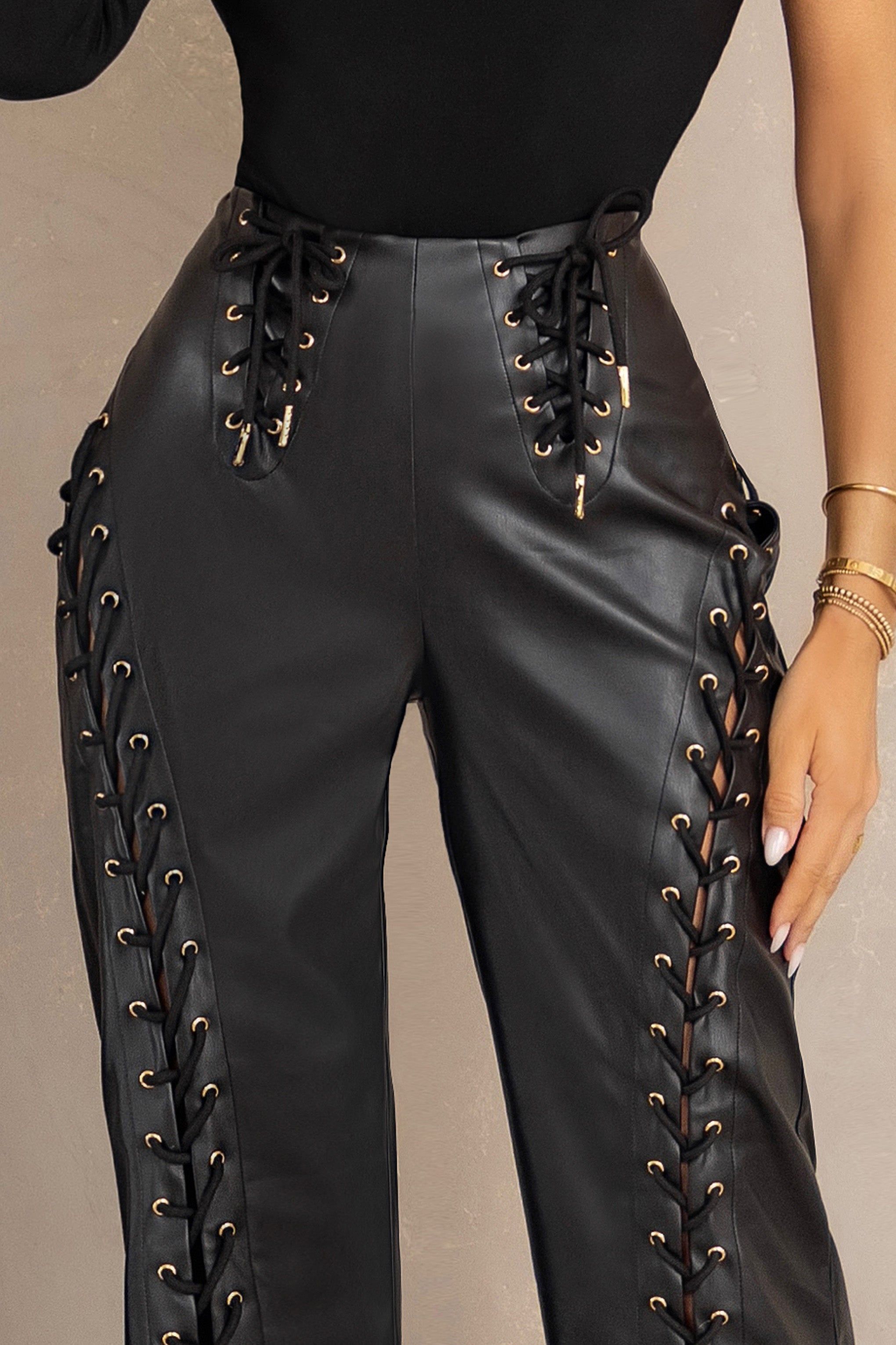 Worthy | Black Lace-Up Detail Faux Leather Trousers sold by Club L London product image thumbnail 5