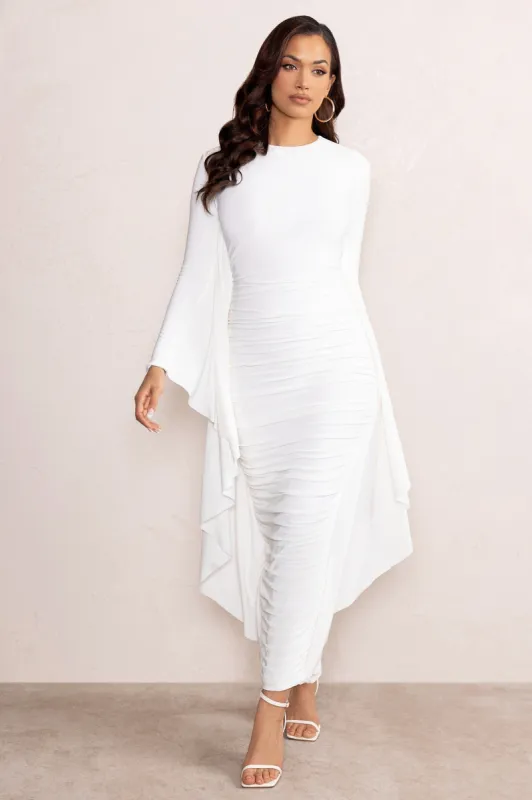 Keva | White Long Sleeve Ruched Maxi Dress with Cape Detailing sold by Club L London