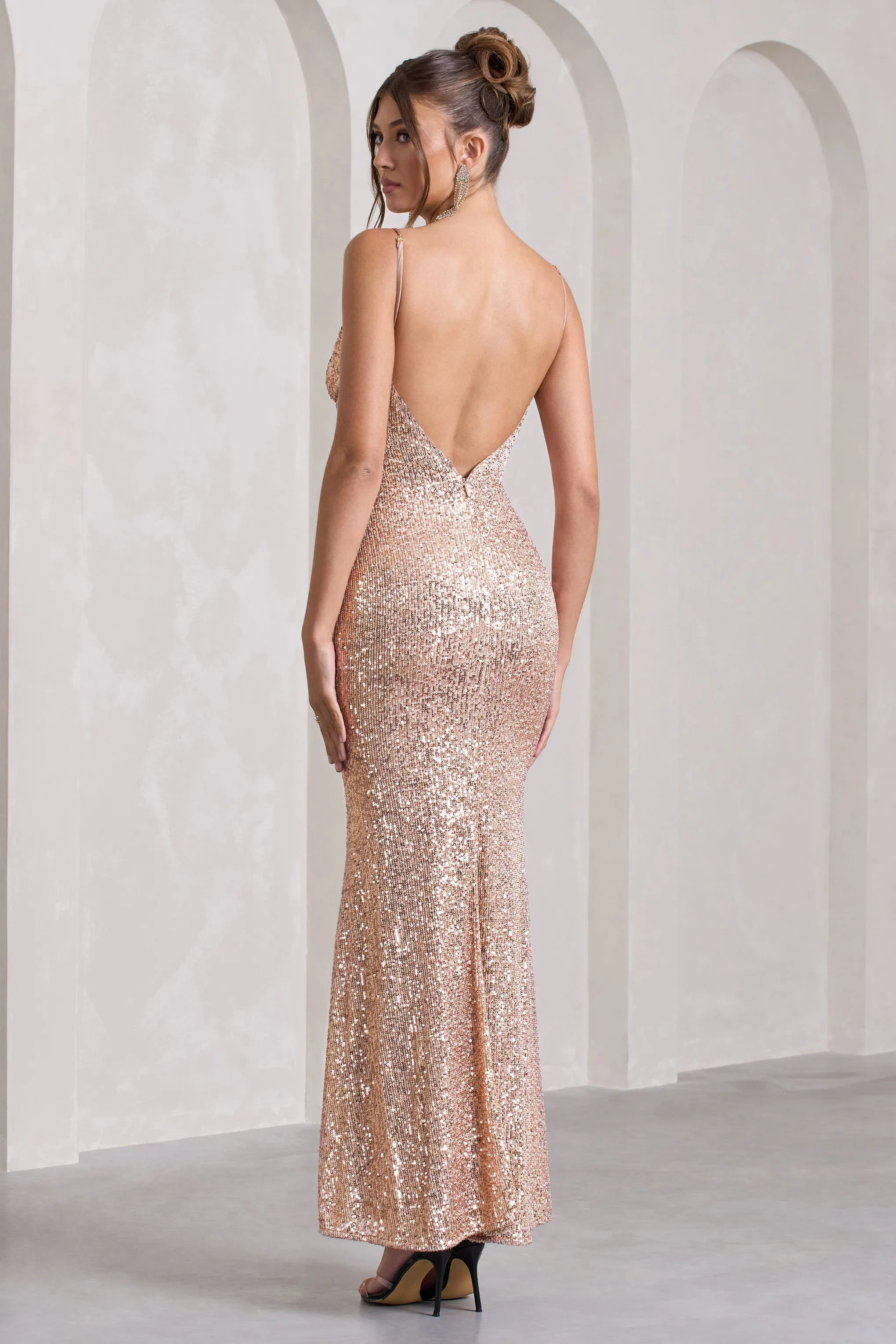 Enchanting | Champagne Sequin Open-Back Maxi Dress With Split sold by Club L London product image thumbnail 2