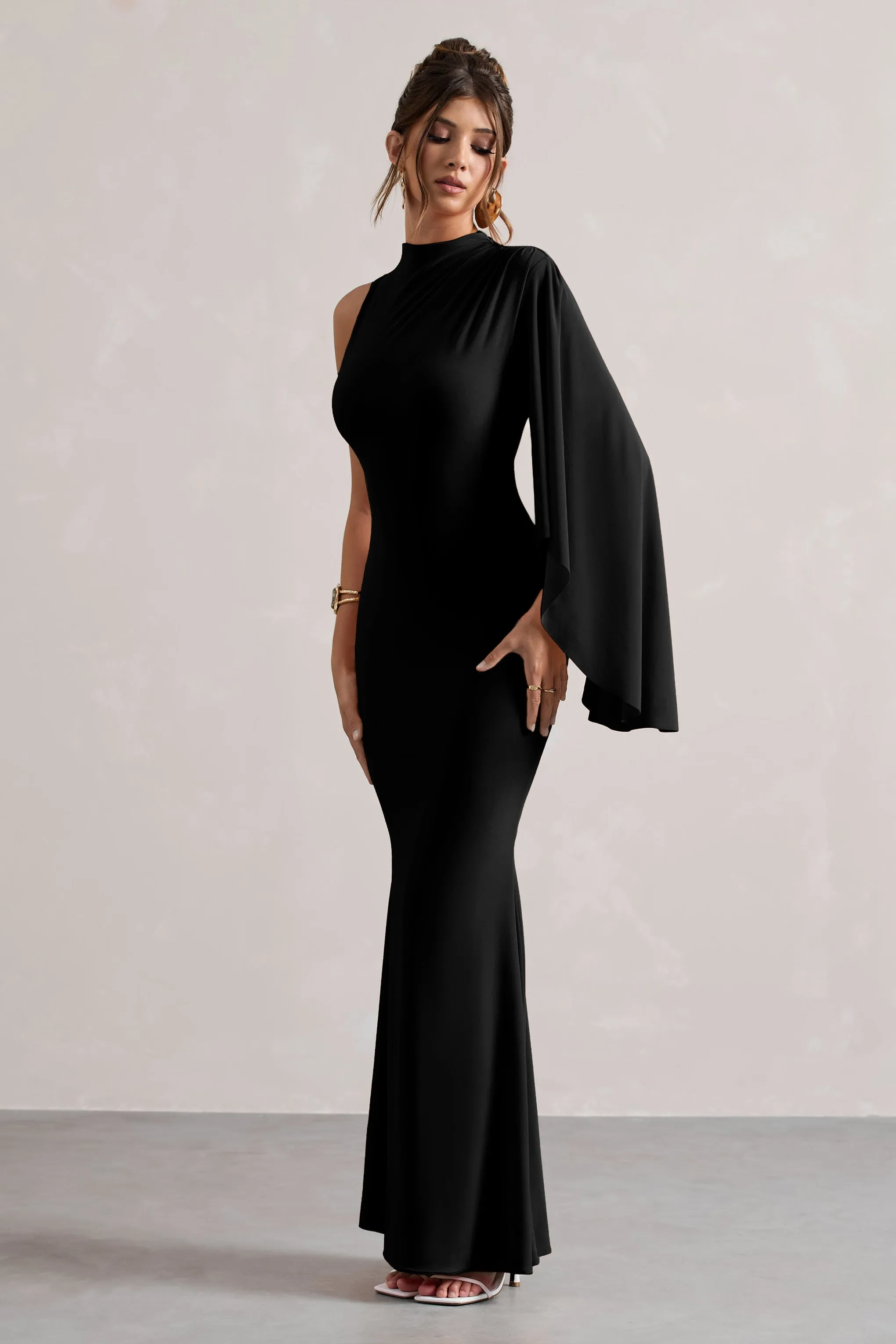 Samaya | Black High-Neck Cape-Sleeve Maxi Dress sold by Club L London product image thumbnail 5