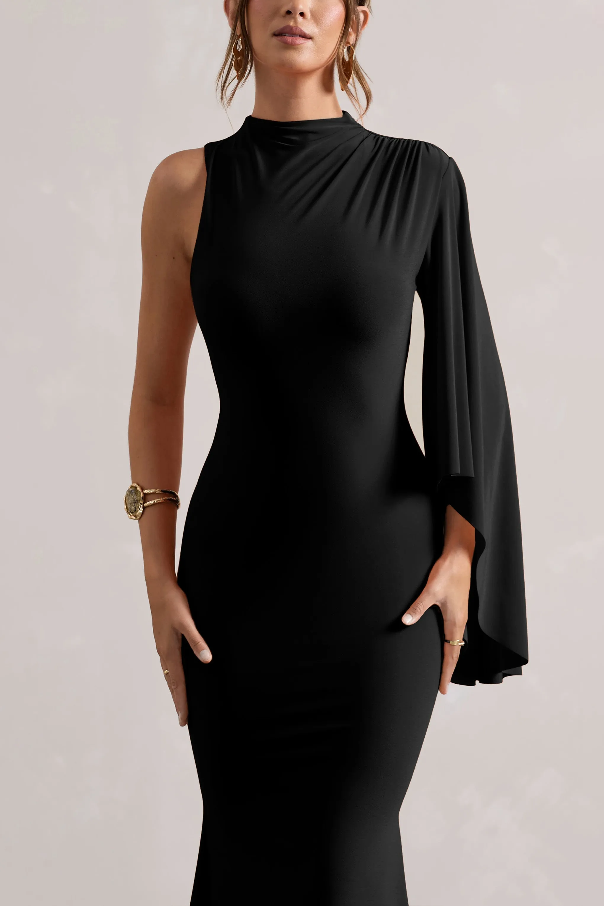 Samaya | Black High-Neck Cape-Sleeve Maxi Dress sold by Club L London product image thumbnail 3