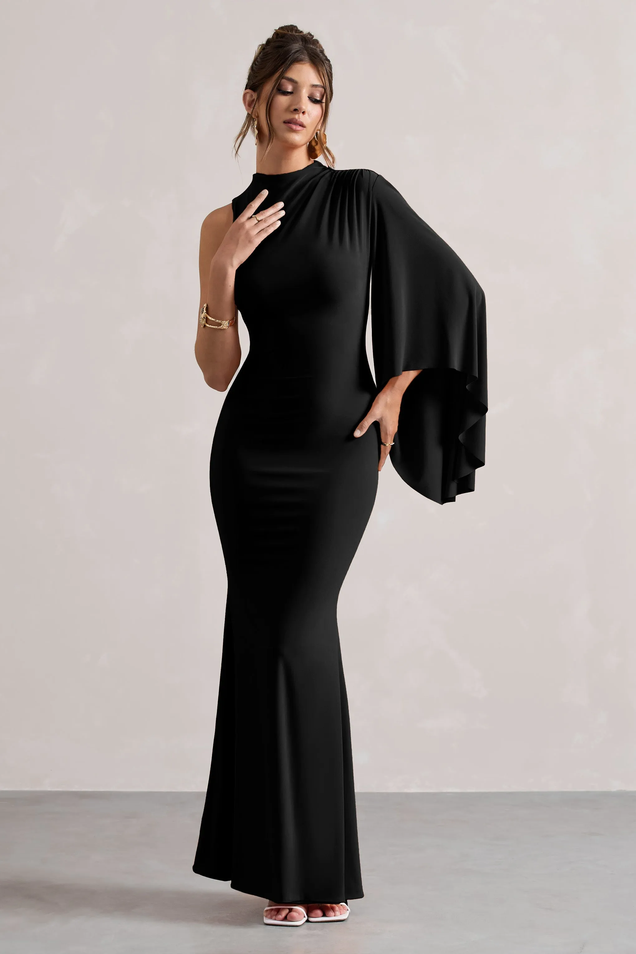 Samaya | Black High-Neck Cape-Sleeve Maxi Dress sold by Club L London product image thumbnail 4