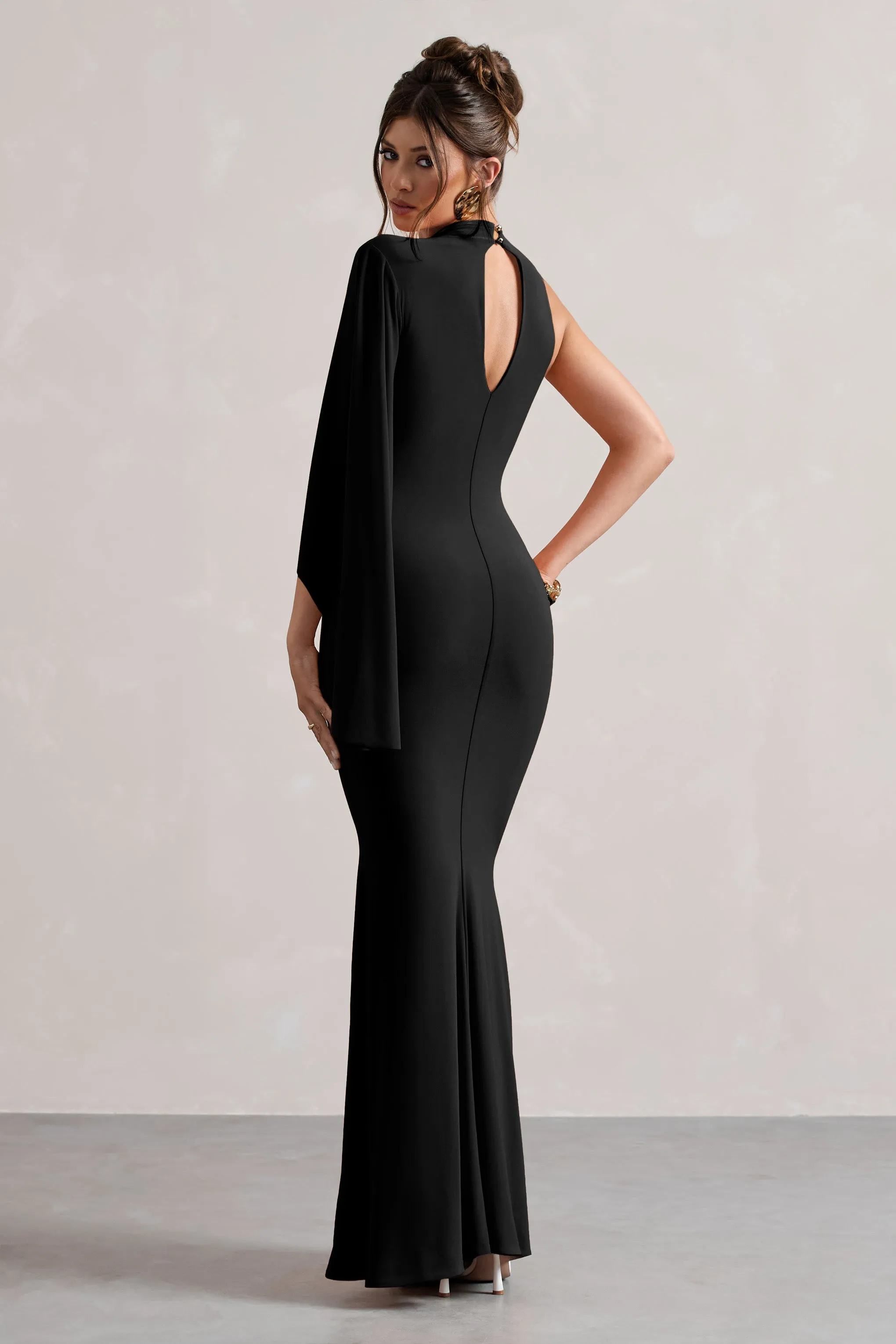 Samaya | Black High-Neck Cape-Sleeve Maxi Dress sold by Club L London product image thumbnail 2