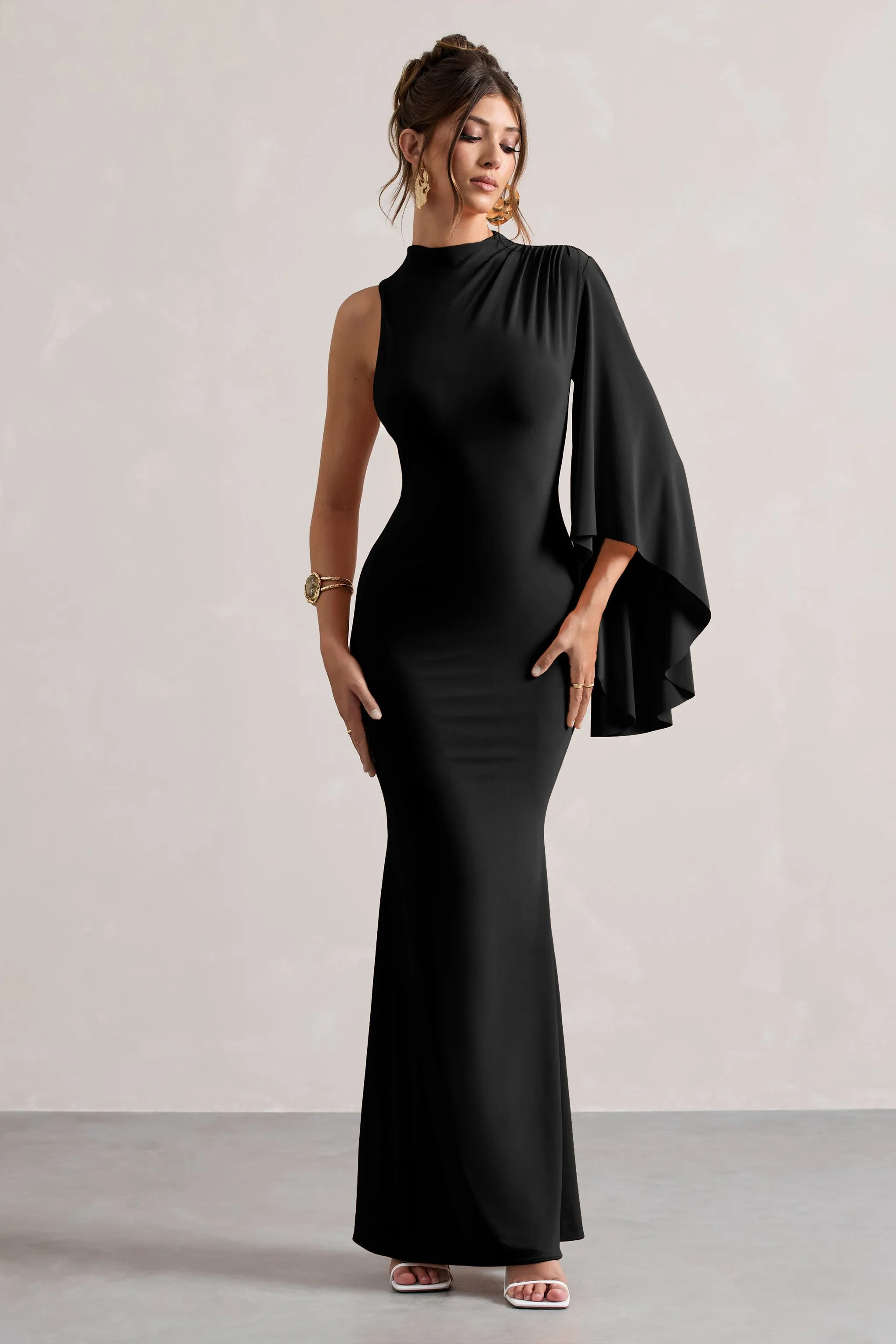 Samaya | Black High-Neck Cape-Sleeve Maxi Dress sold by Club L London