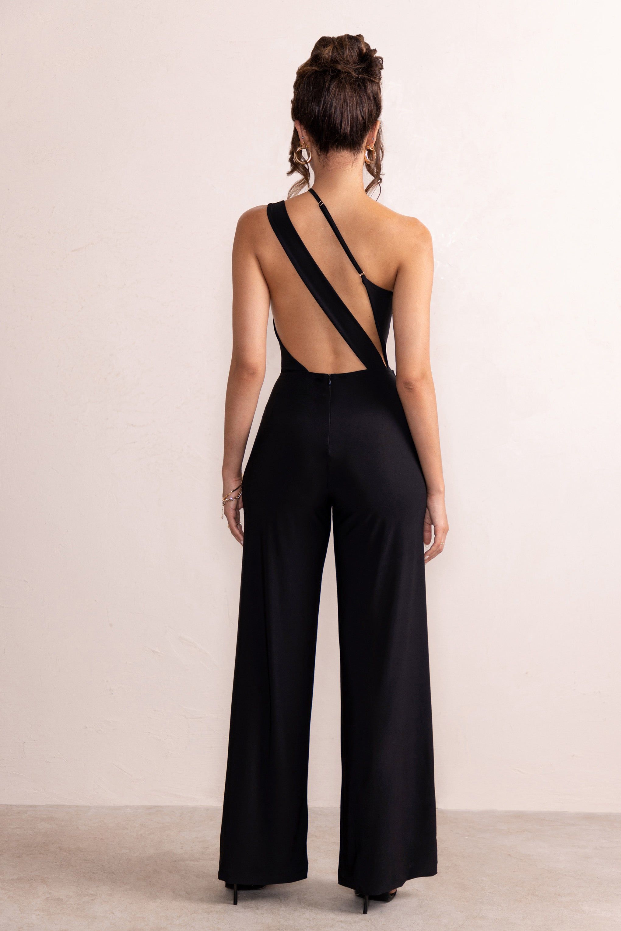 Vienna | Black Asymmetric Cowl Neck Wide Leg Jumpsuit With Open Back Detail sold by Club L London product image thumbnail 2