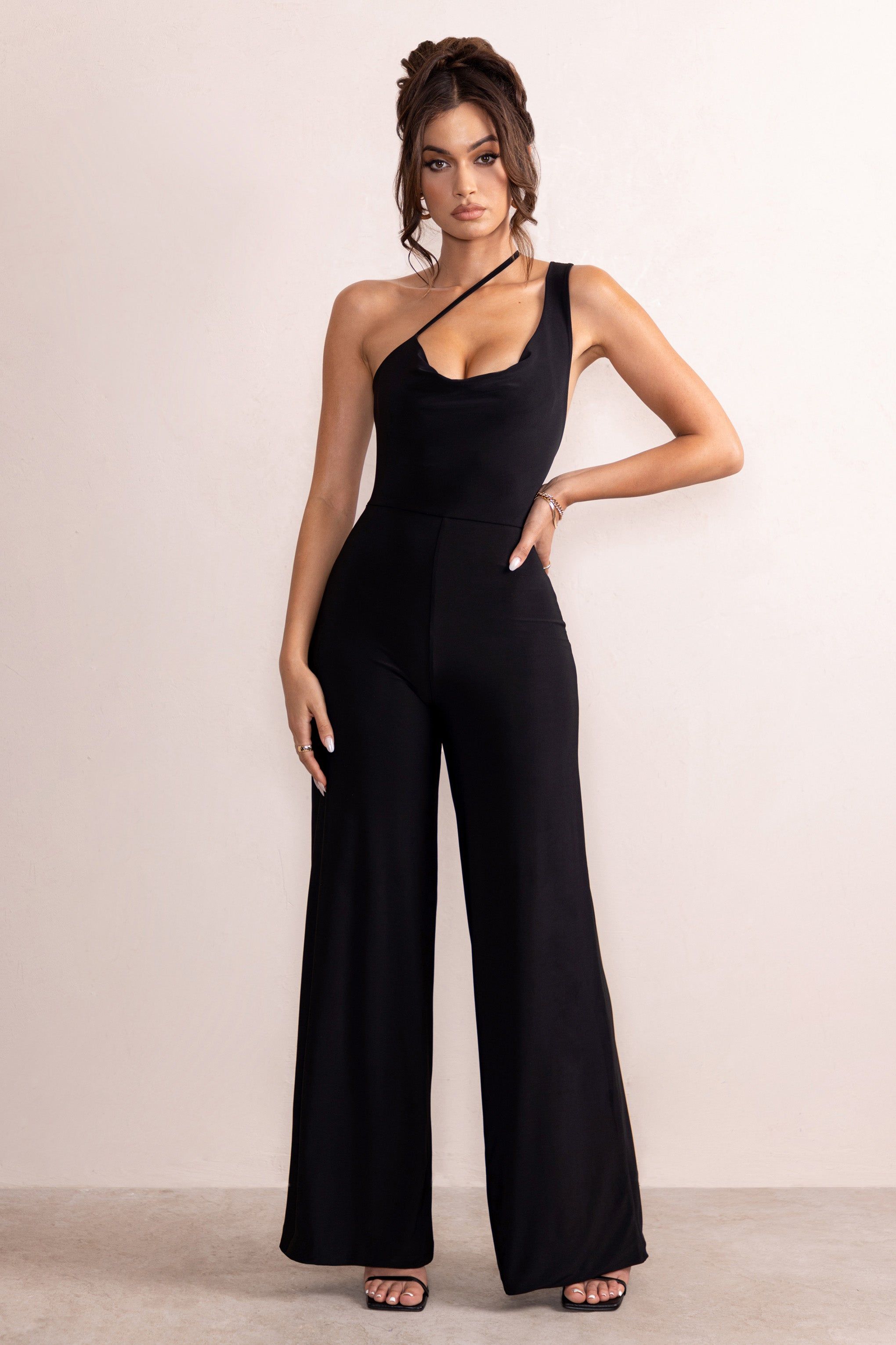 Vienna | Black Asymmetric Cowl Neck Wide Leg Jumpsuit With Open Back Detail sold by Club L London