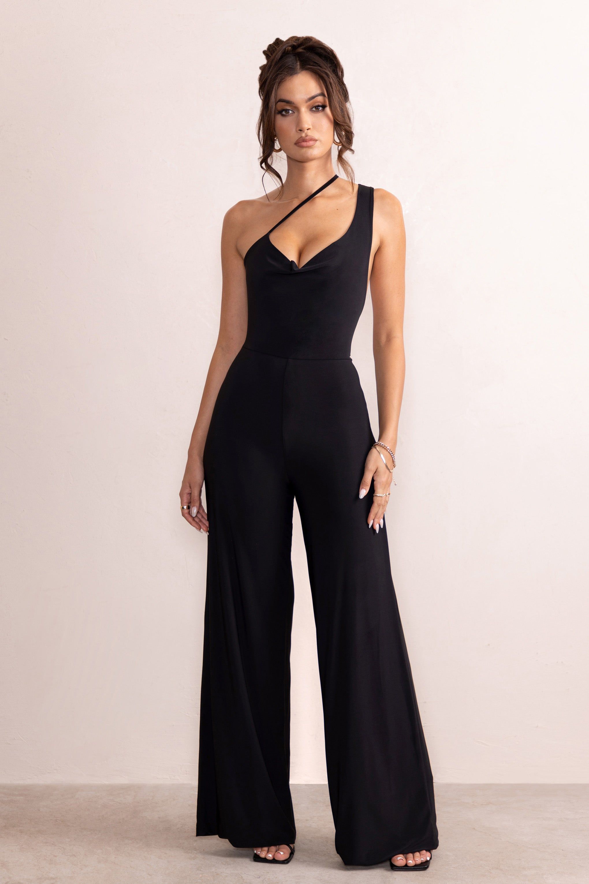 Vienna | Black Asymmetric Cowl Neck Wide Leg Jumpsuit With Open Back Detail sold by Club L London product image thumbnail 4