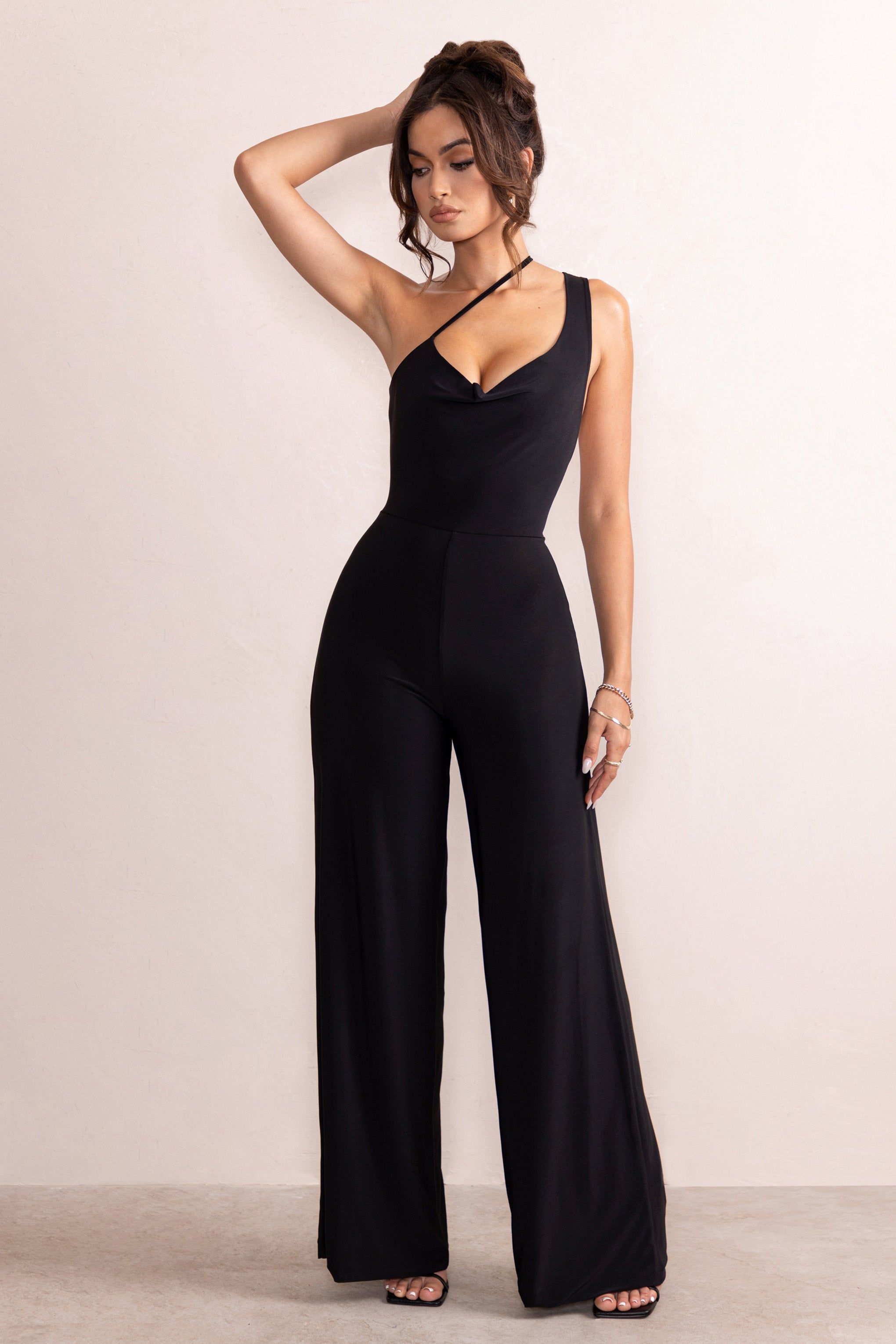 Vienna | Black Asymmetric Cowl Neck Wide Leg Jumpsuit With Open Back Detail sold by Club L London product image thumbnail 3