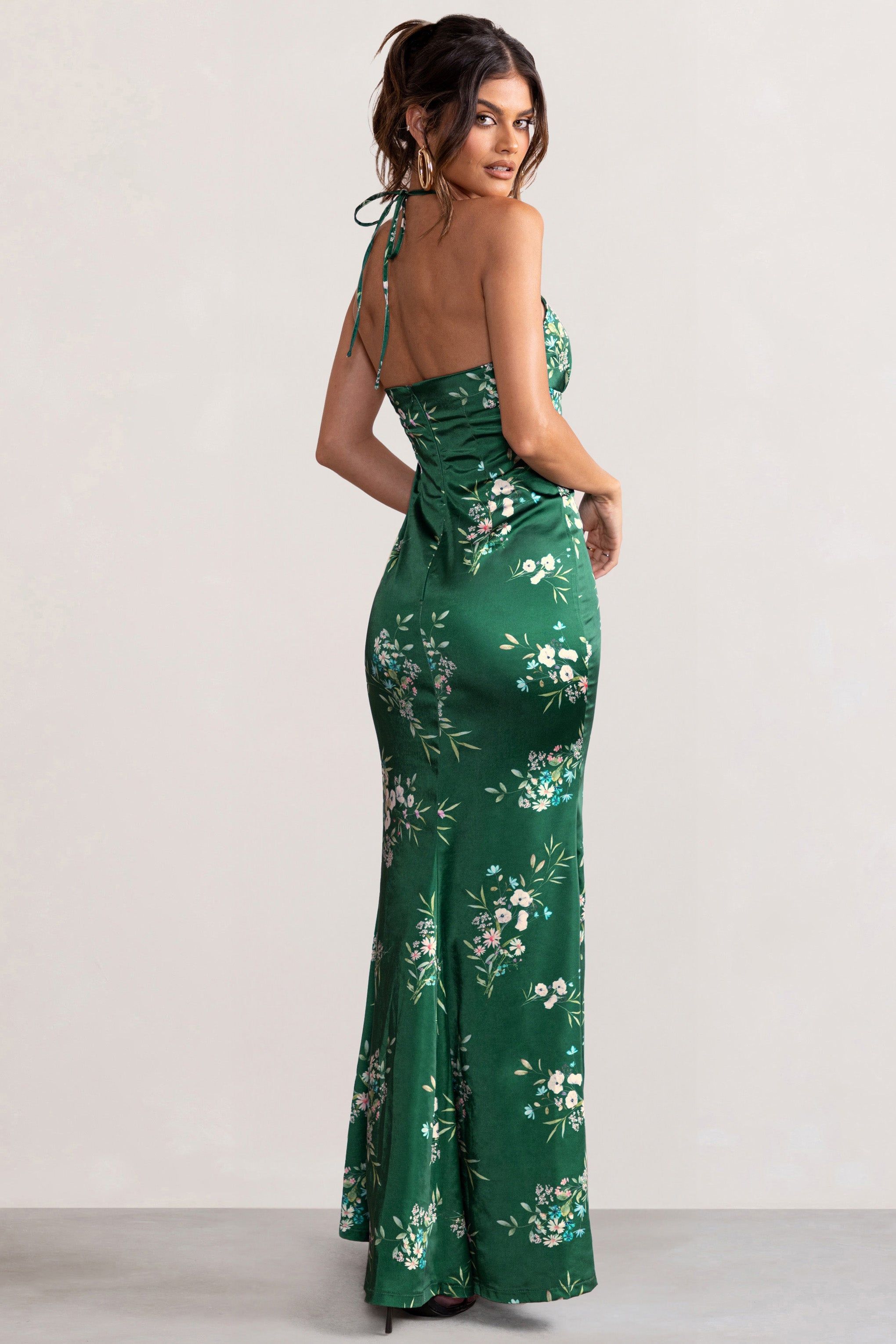 Grandeur | Green Floral Print Satin Halterneck Maxi Dress sold by Club L London product image thumbnail 4