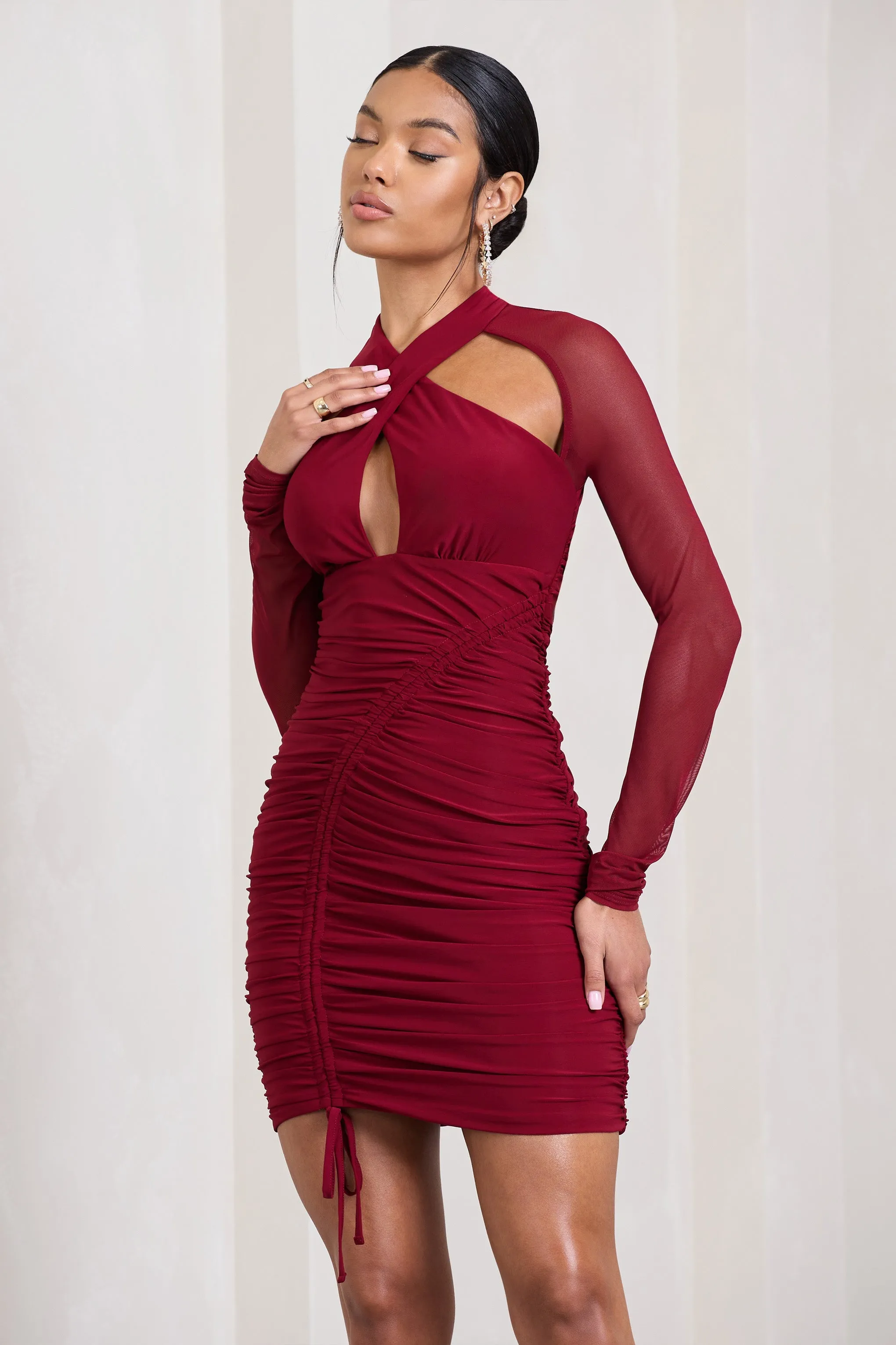 Eyes On You | Berry Long Sleeve Halter Neck Mini Dress sold by Club L London product image thumbnail 4