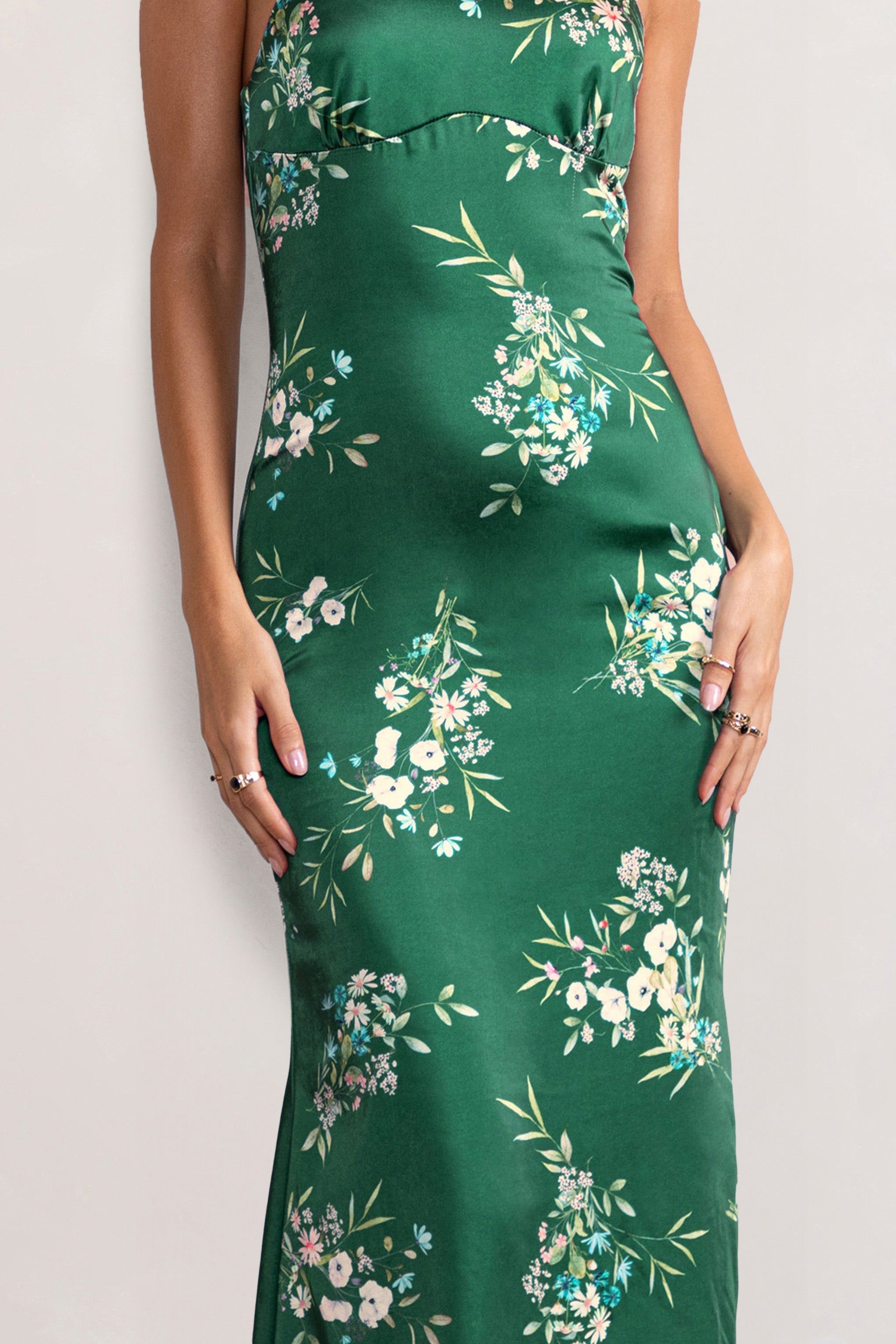 Grandeur | Green Floral Print Satin Halterneck Maxi Dress sold by Club L London product image thumbnail 3